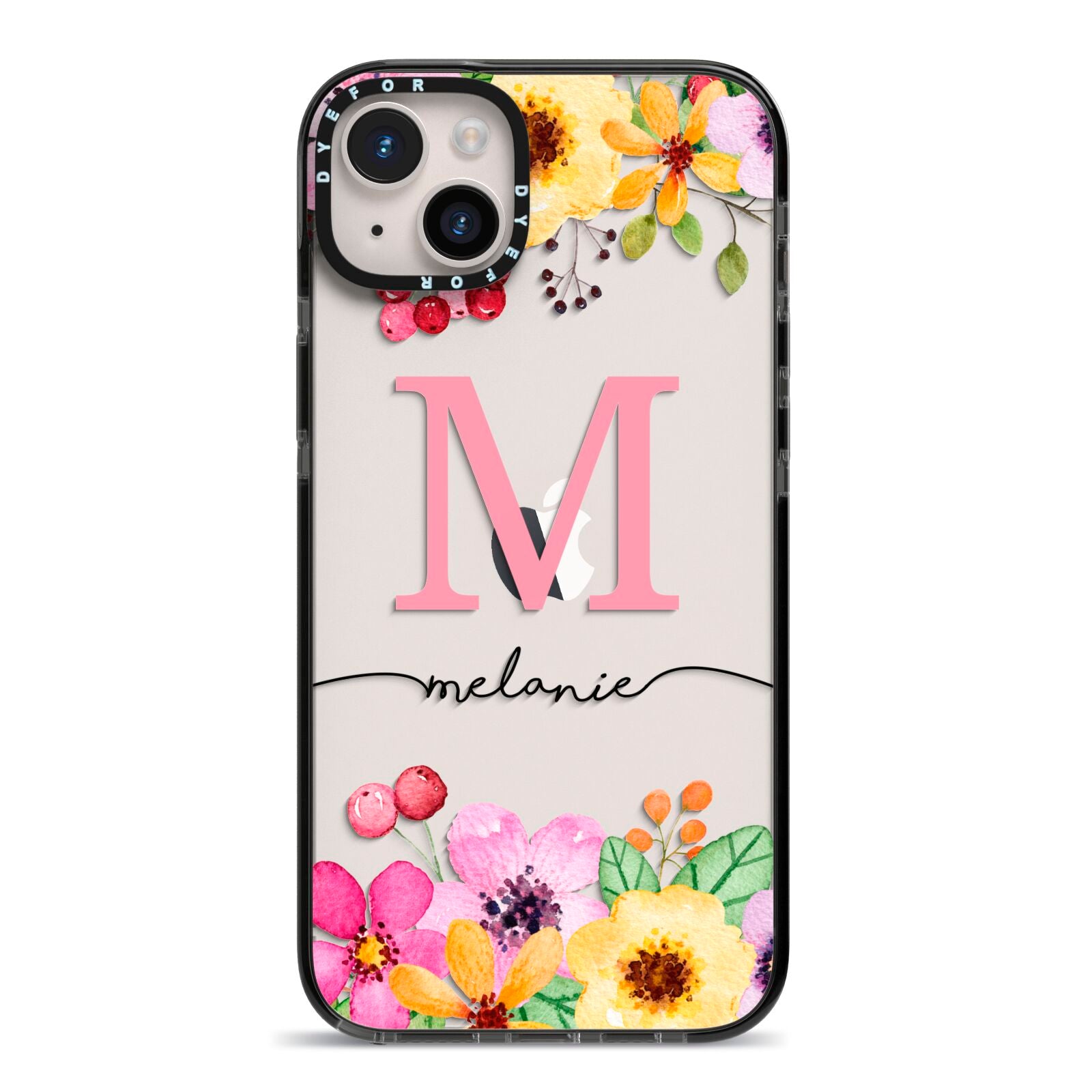Personalised Summer Flowers iPhone 14 Plus Black Impact Case on Silver phone