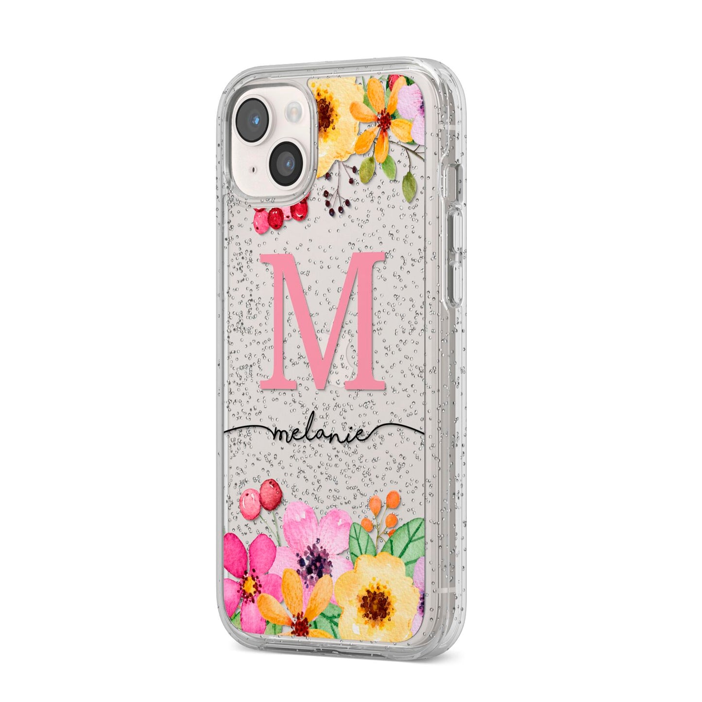 Personalised Summer Flowers iPhone 14 Plus Glitter Tough Case Starlight Angled Image