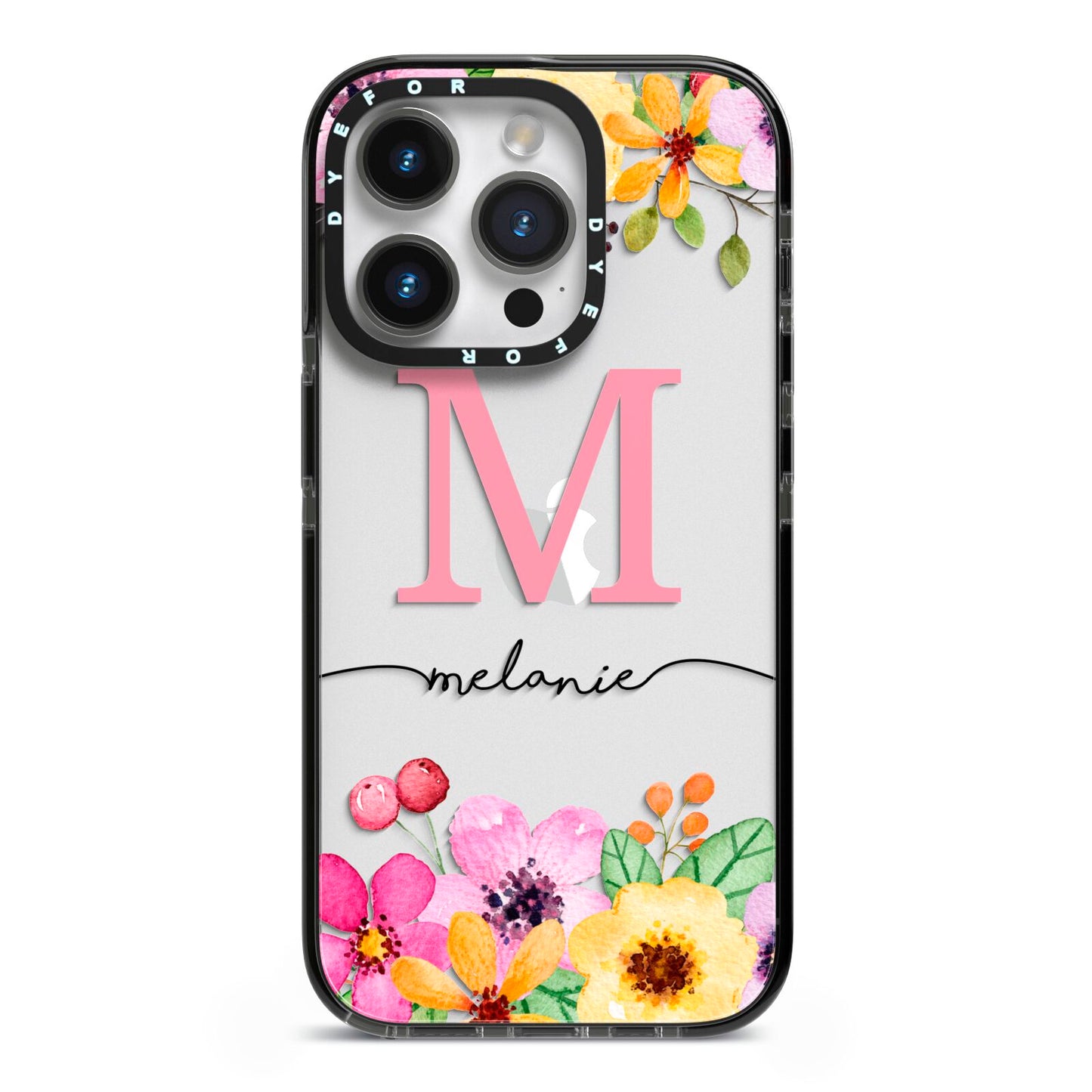 Personalised Summer Flowers iPhone 14 Pro Black Impact Case on Silver phone