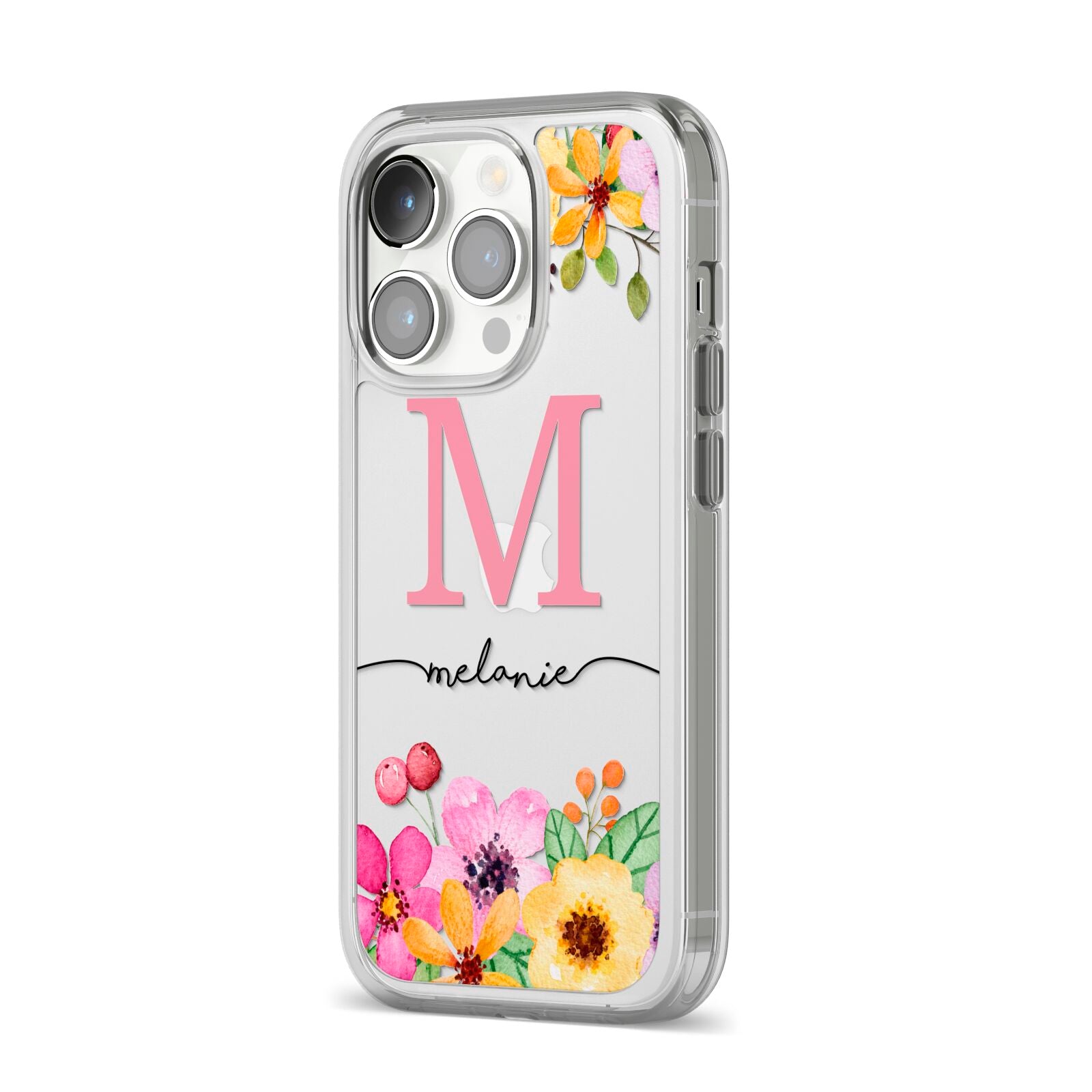 Personalised Summer Flowers iPhone 14 Pro Clear Tough Case Silver Angled Image