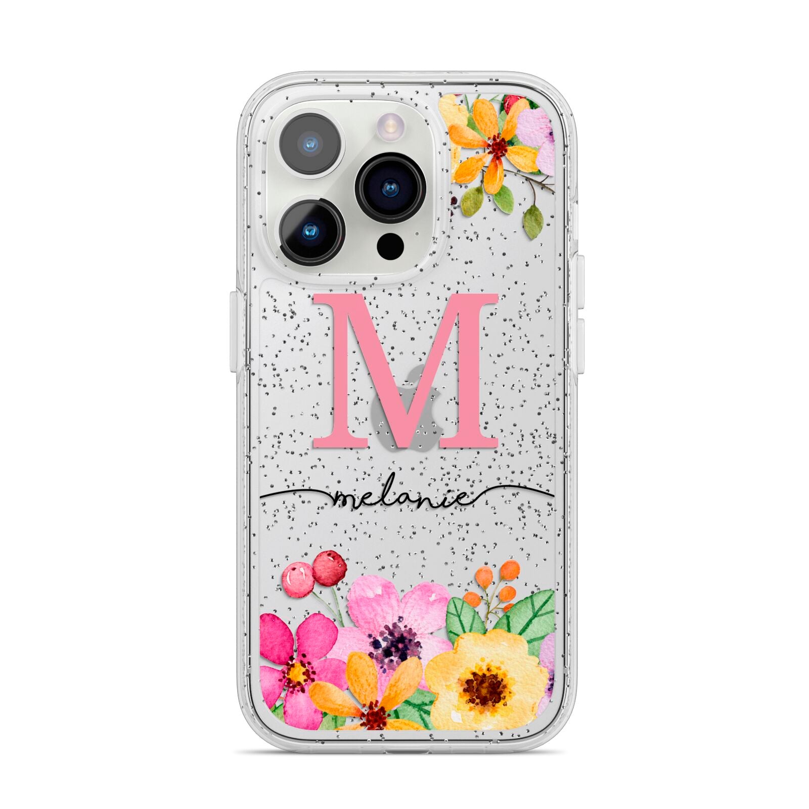 Personalised Summer Flowers iPhone 14 Pro Glitter Tough Case Silver
