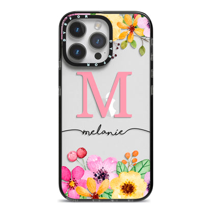 Personalised Summer Flowers iPhone 14 Pro Max Black Impact Case on Silver phone