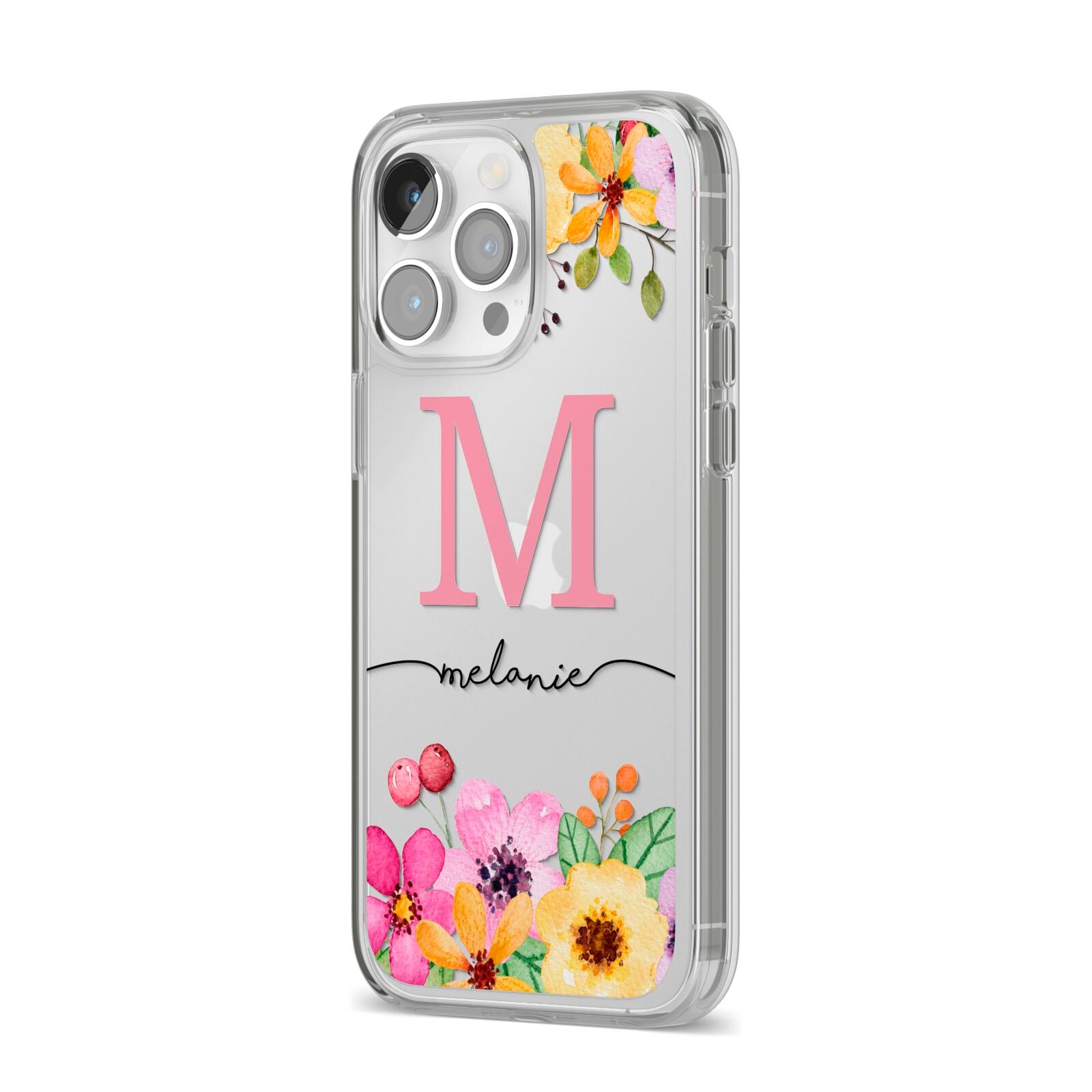 Personalised Summer Flowers iPhone 14 Pro Max Clear Tough Case Silver Angled Image