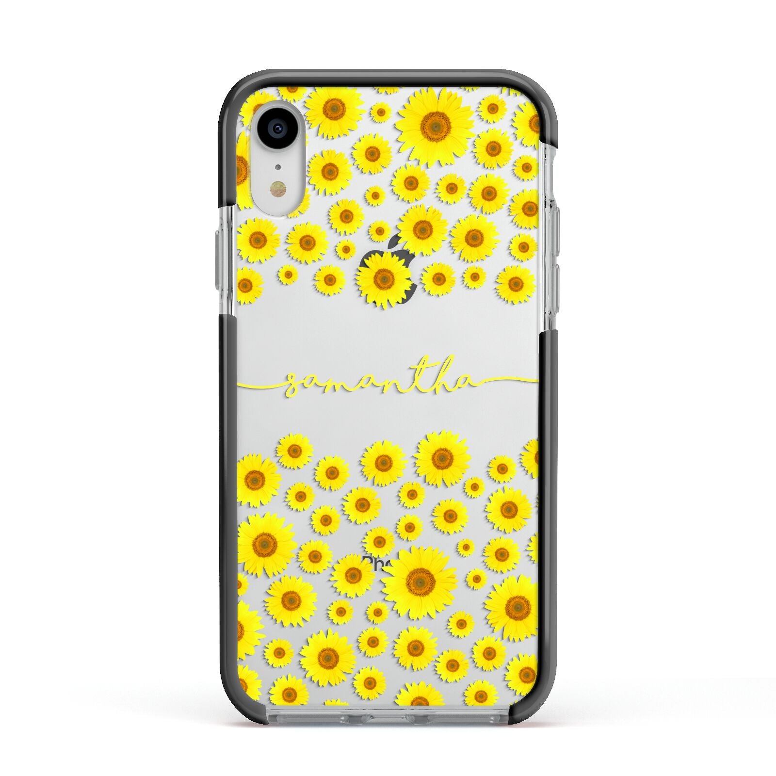 Personalised Sunflower Apple iPhone XR Impact Case Black Edge on Silver Phone