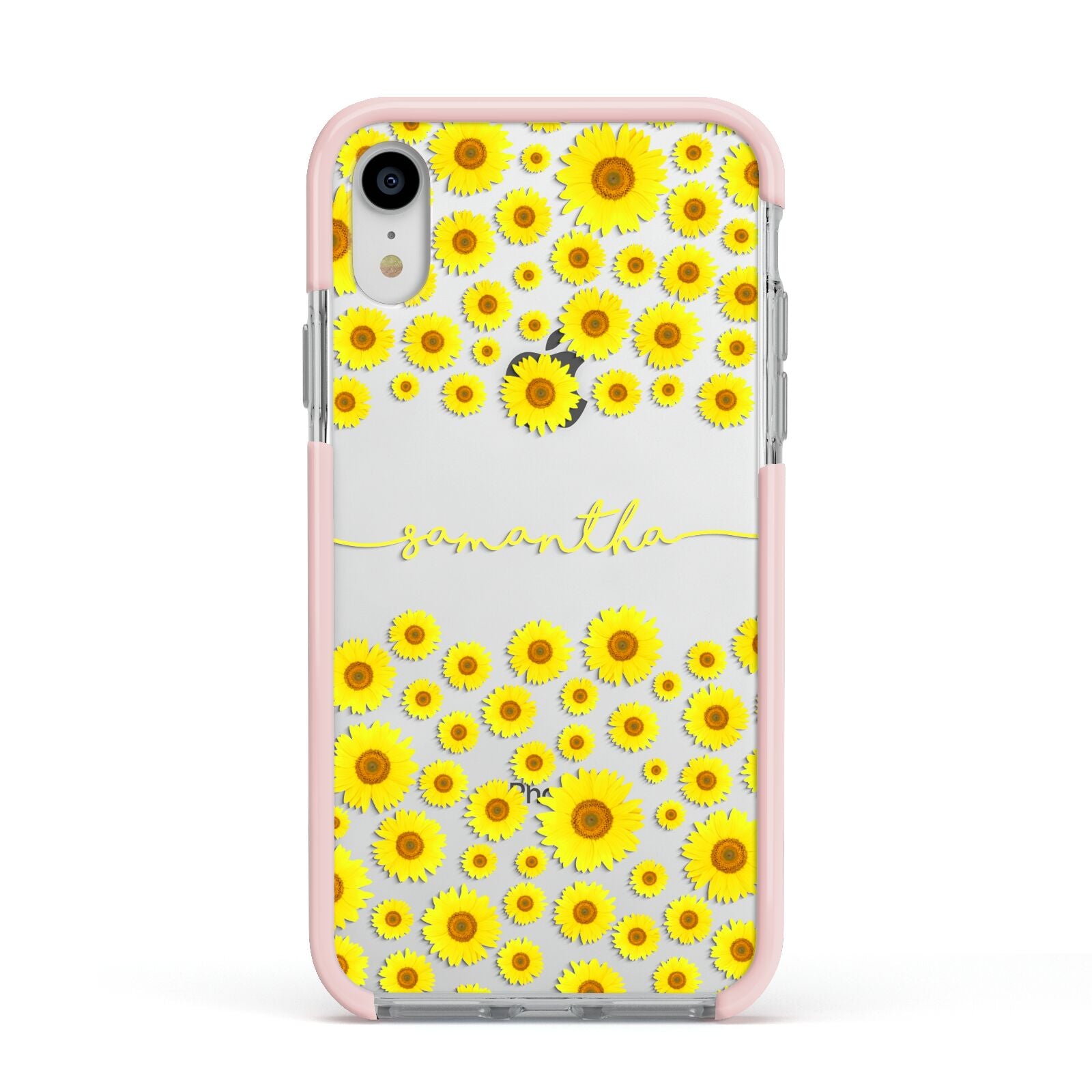 Personalised Sunflower Apple iPhone XR Impact Case Pink Edge on Silver Phone