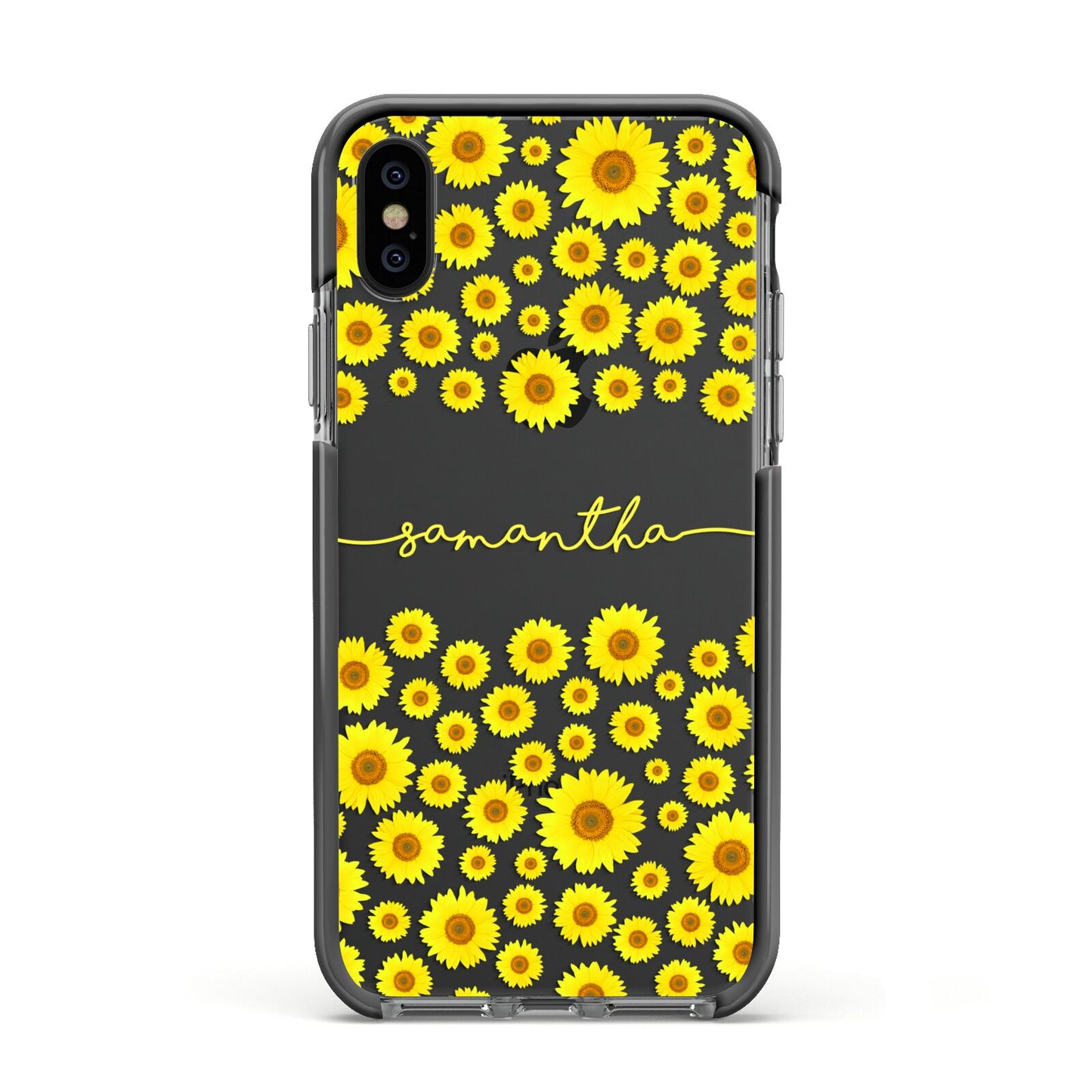 Personalised Sunflower Apple iPhone Xs Impact Case Black Edge on Black Phone