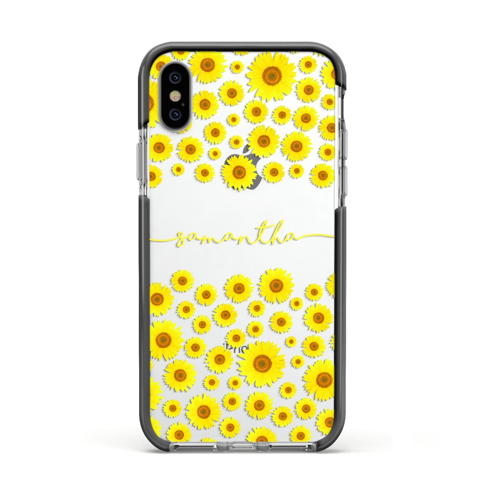 Personalised Sunflower Apple iPhone Xs Impact Case Black Edge on Silver Phone