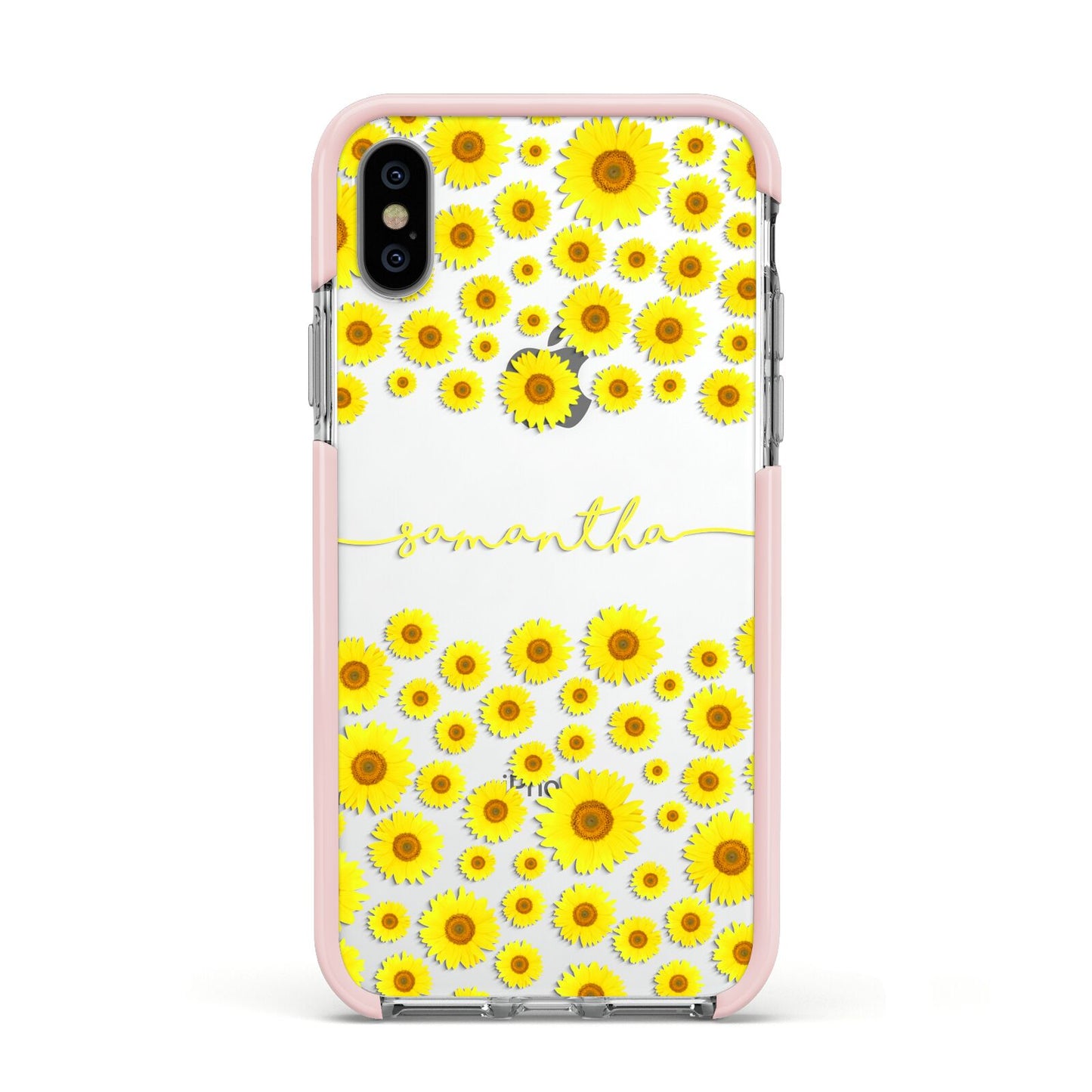 Personalised Sunflower Apple iPhone Xs Impact Case Pink Edge on Silver Phone