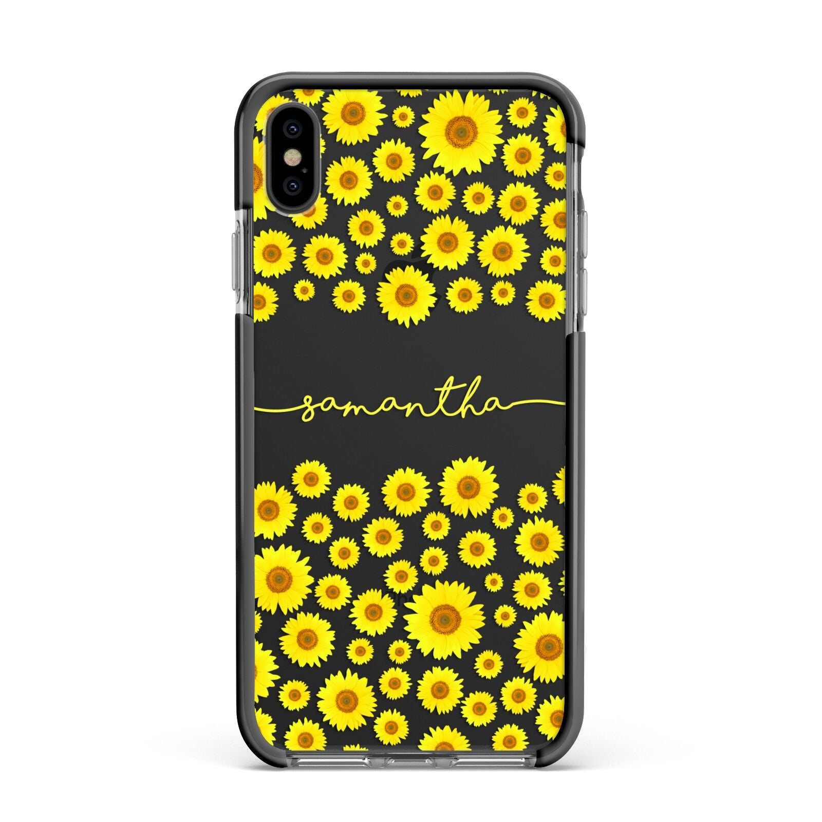 Personalised Sunflower Apple iPhone Xs Max Impact Case Black Edge on Black Phone