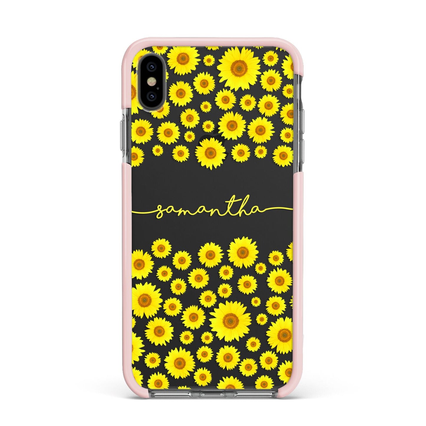 Personalised Sunflower Apple iPhone Xs Max Impact Case Pink Edge on Black Phone
