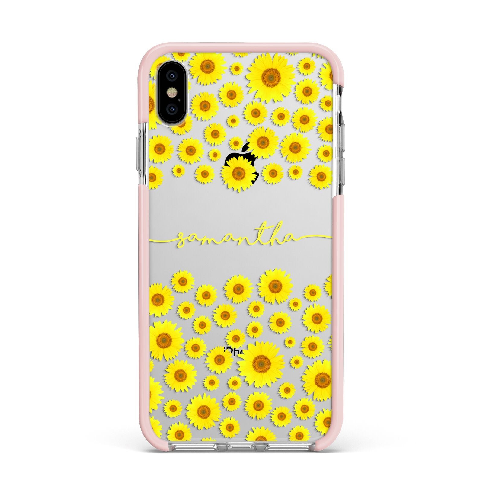 Personalised Sunflower Apple iPhone Xs Max Impact Case Pink Edge on Silver Phone
