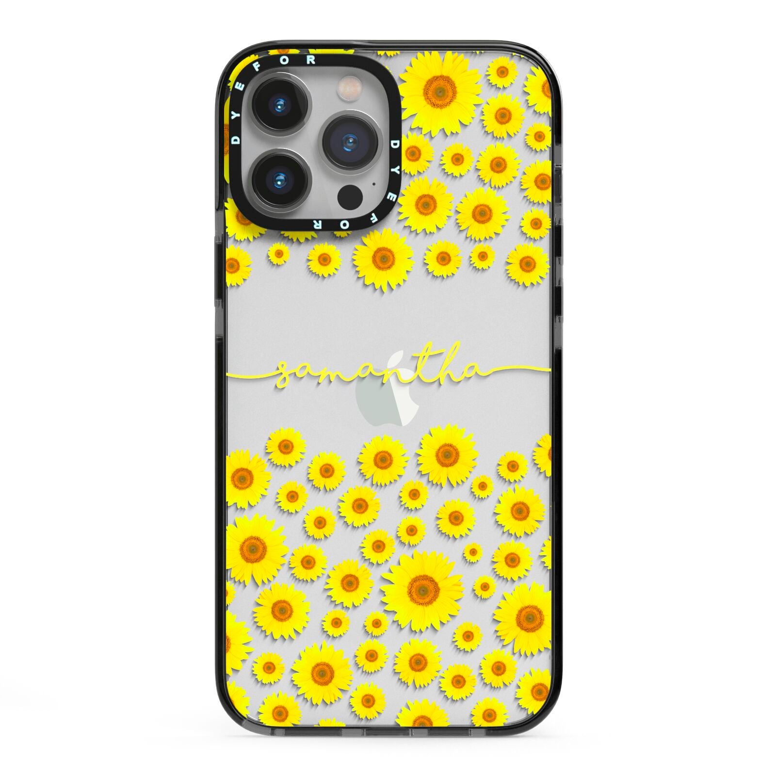 Personalised Sunflower iPhone 13 Pro Max Black Impact Case on Silver phone