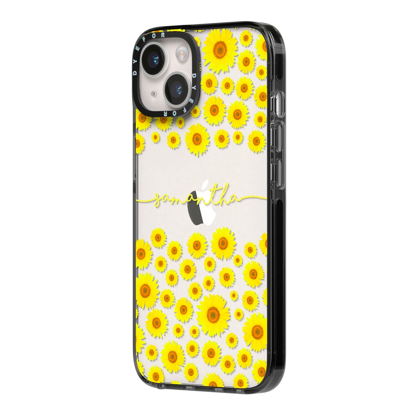 Personalised Sunflower iPhone 14 Black Impact Case Side Angle on Silver phone
