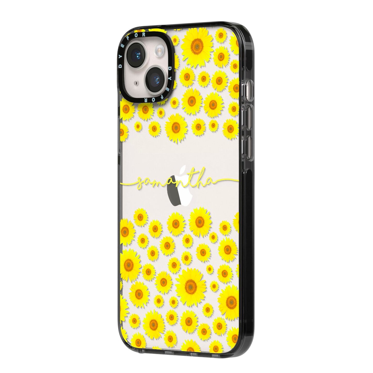 Personalised Sunflower iPhone 14 Plus Black Impact Case Side Angle on Silver phone