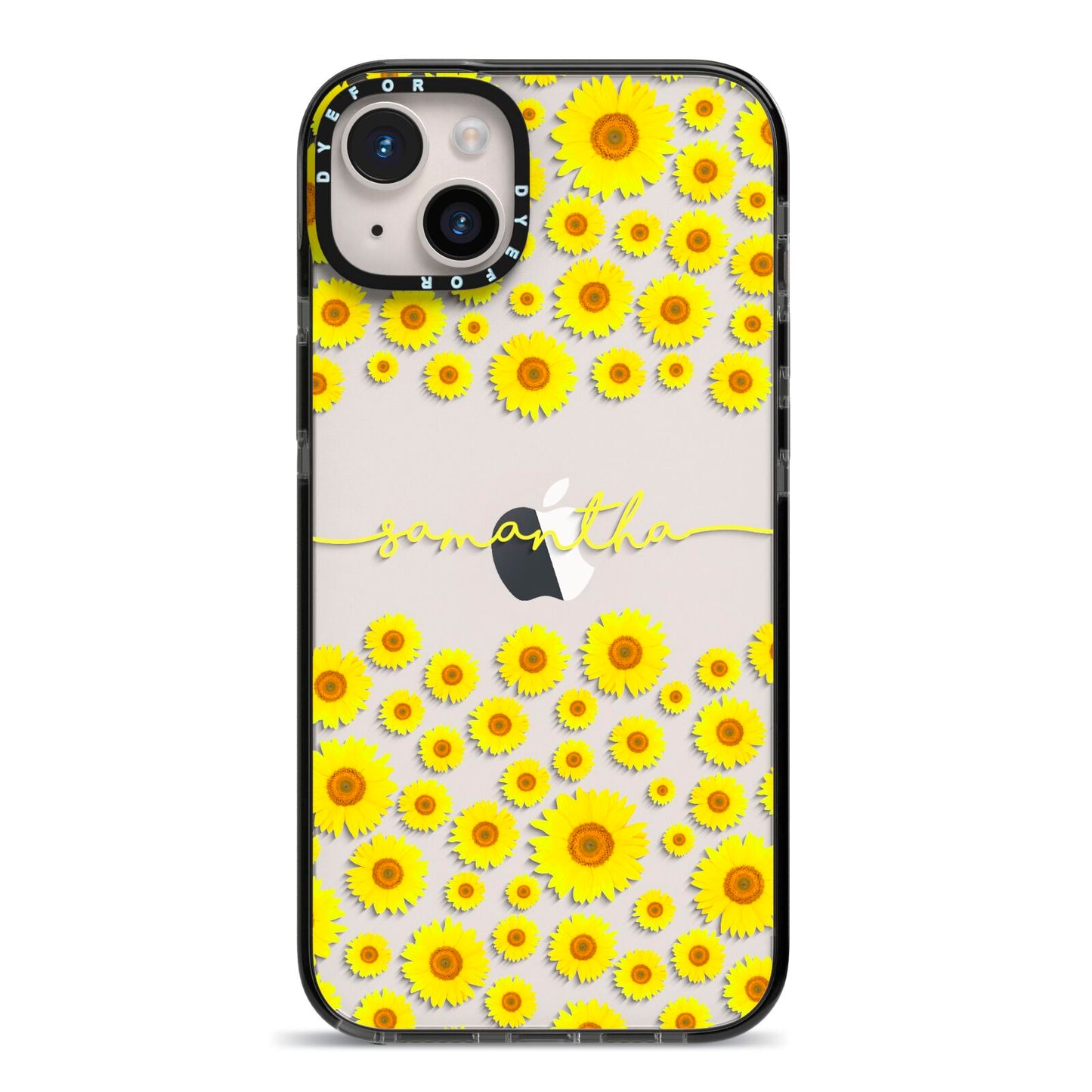 Personalised Sunflower iPhone 14 Plus Black Impact Case on Silver phone