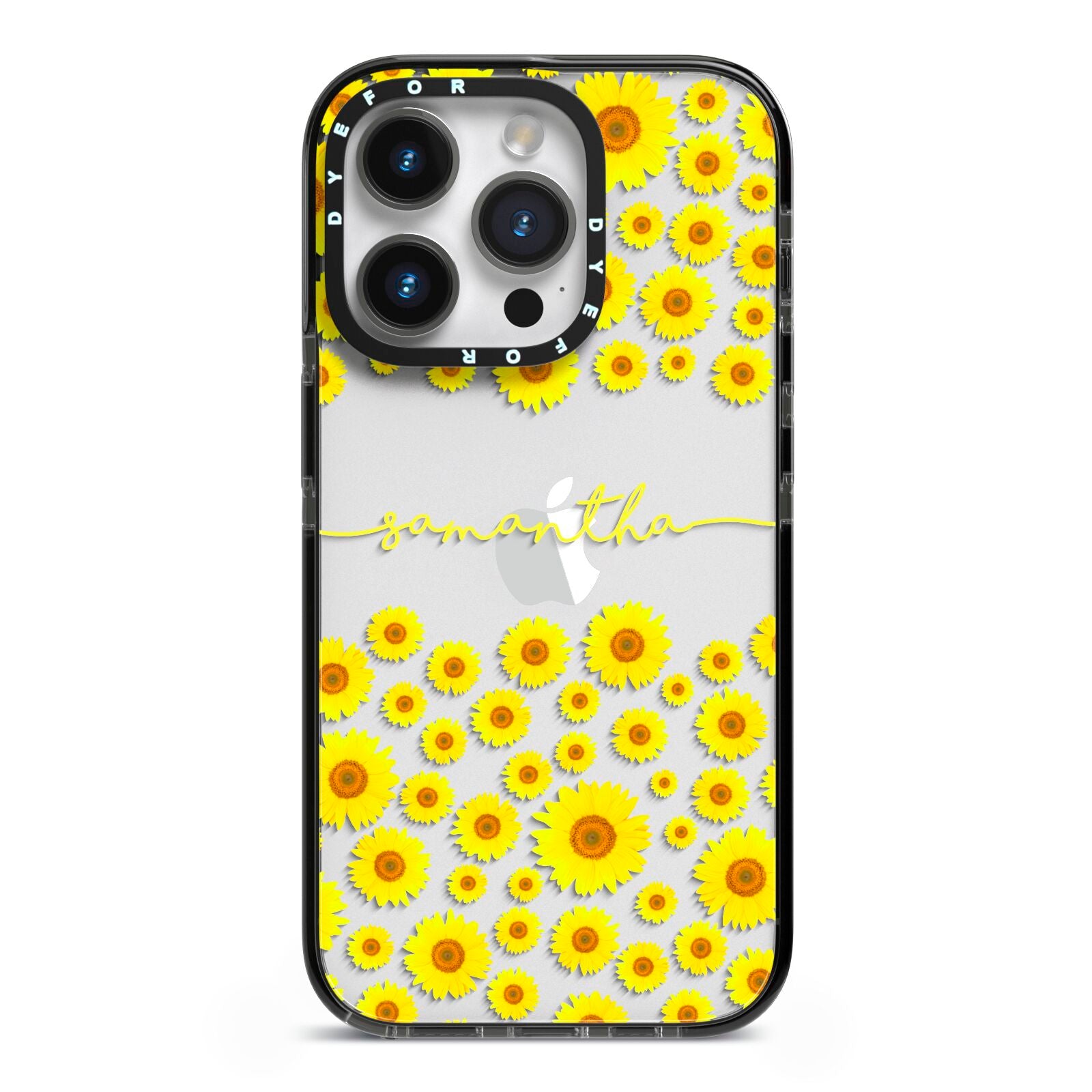 Personalised Sunflower iPhone 14 Pro Black Impact Case on Silver phone