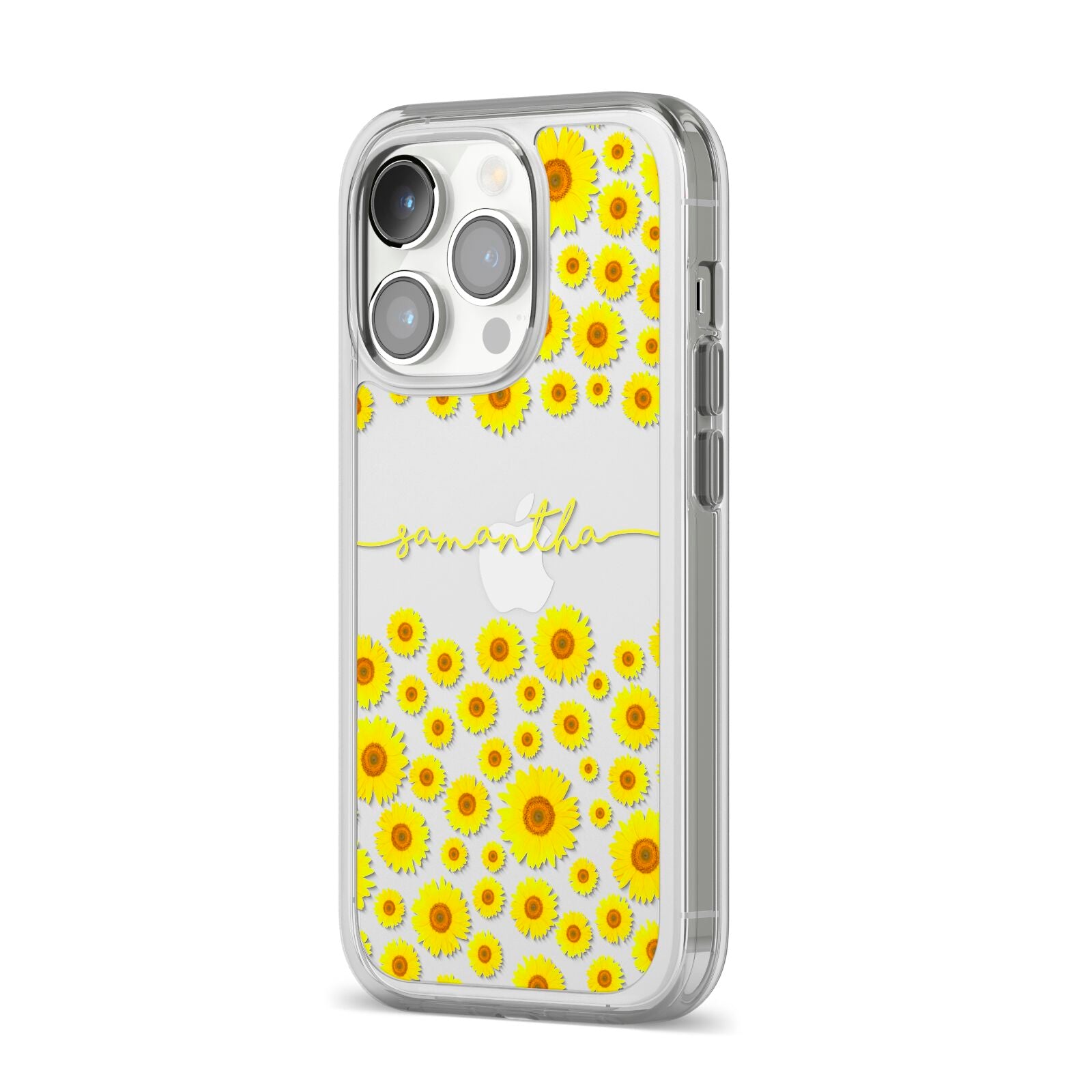 Personalised Sunflower iPhone 14 Pro Clear Tough Case Silver Angled Image
