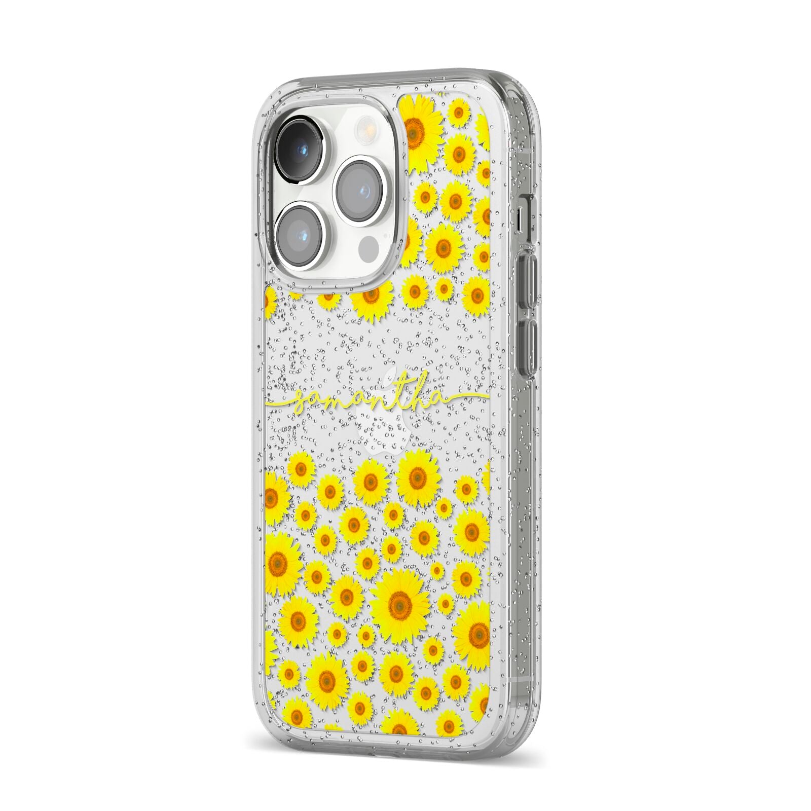 Personalised Sunflower iPhone 14 Pro Glitter Tough Case Silver Angled Image