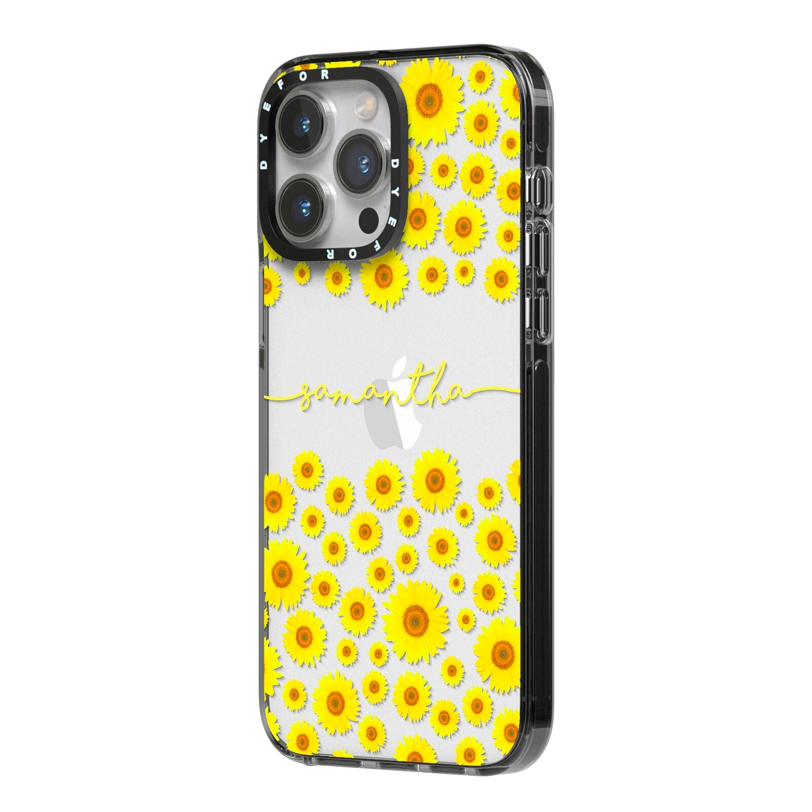 Personalised Sunflower iPhone 14 Pro Max Black Impact Case Side Angle on Silver phone