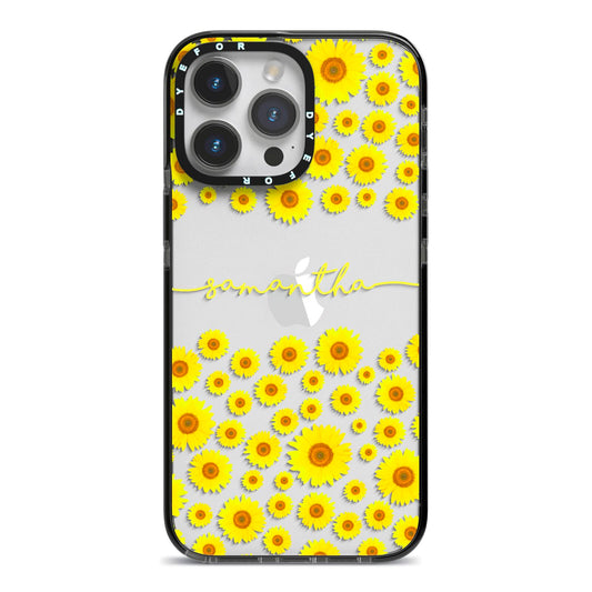 Personalised Sunflower iPhone 14 Pro Max Black Impact Case on Silver phone