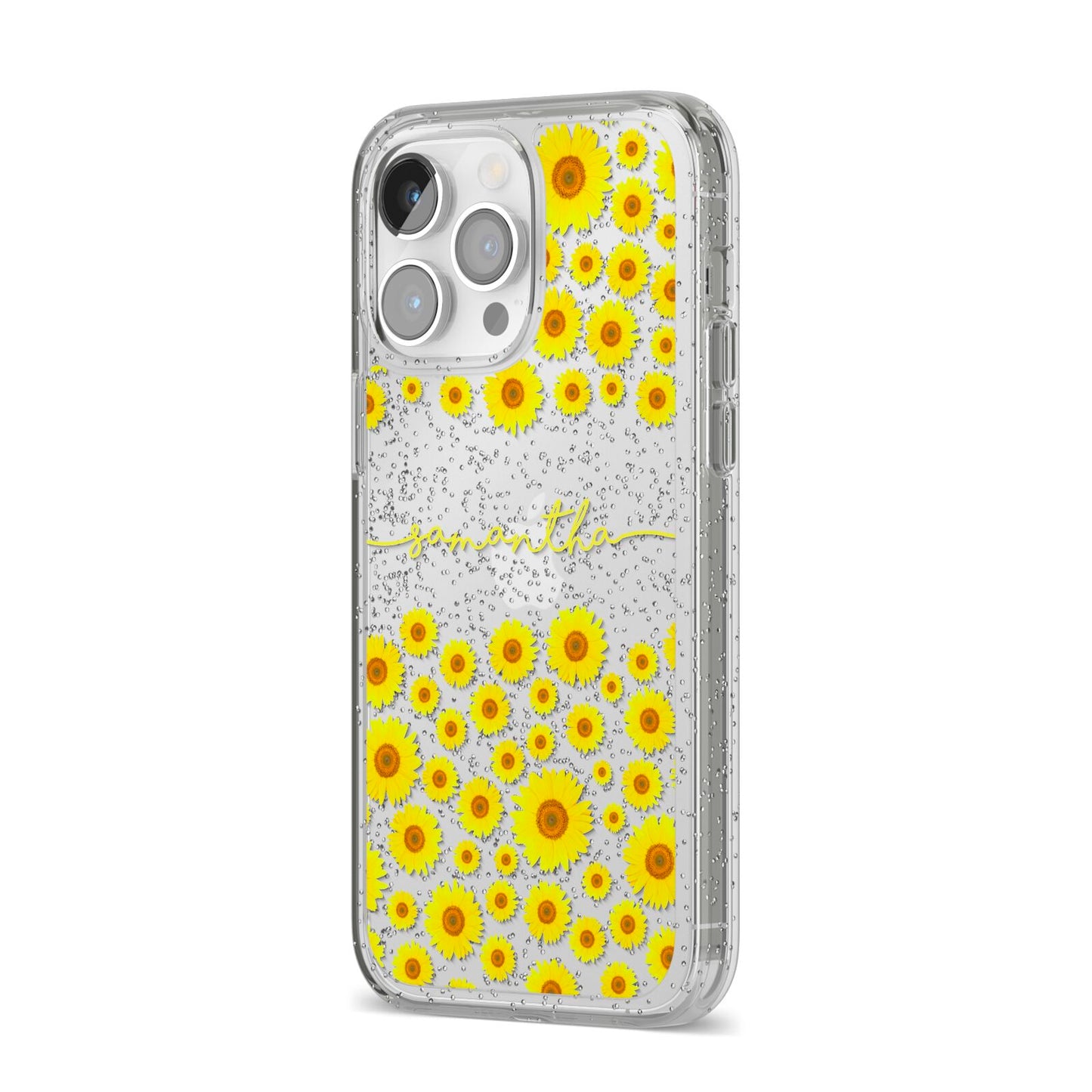 Personalised Sunflower iPhone 14 Pro Max Glitter Tough Case Silver Angled Image
