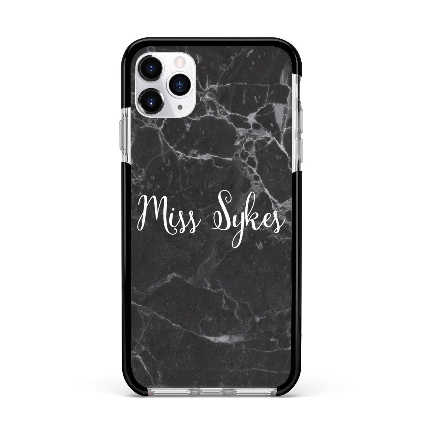 Personalised Surname Marble Apple iPhone 11 Pro Max in Silver with Black Impact Case