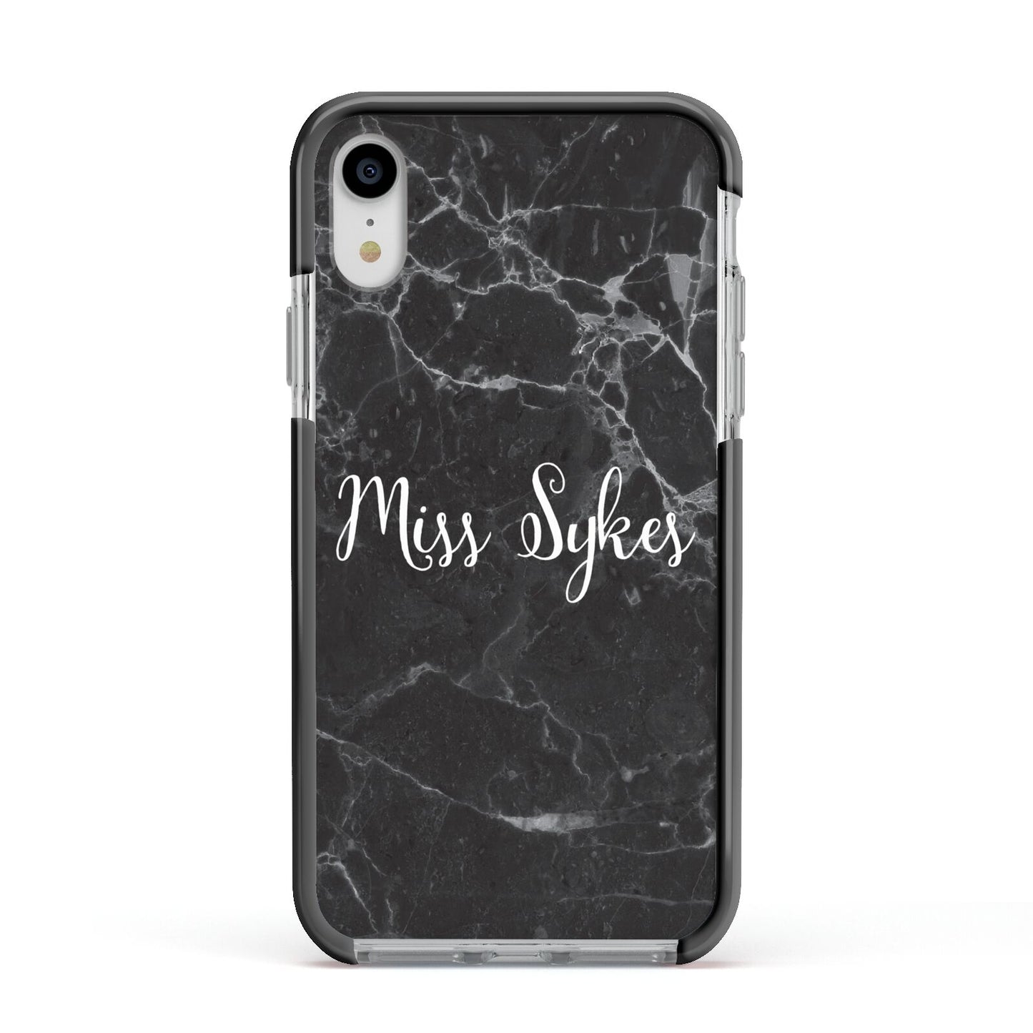 Personalised Surname Marble Apple iPhone XR Impact Case Black Edge on Silver Phone
