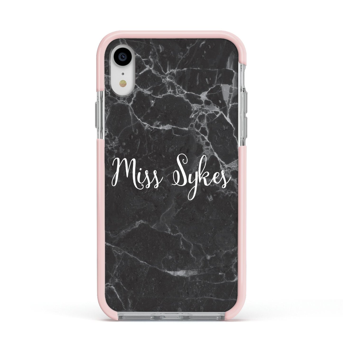 Personalised Surname Marble Apple iPhone XR Impact Case Pink Edge on Silver Phone