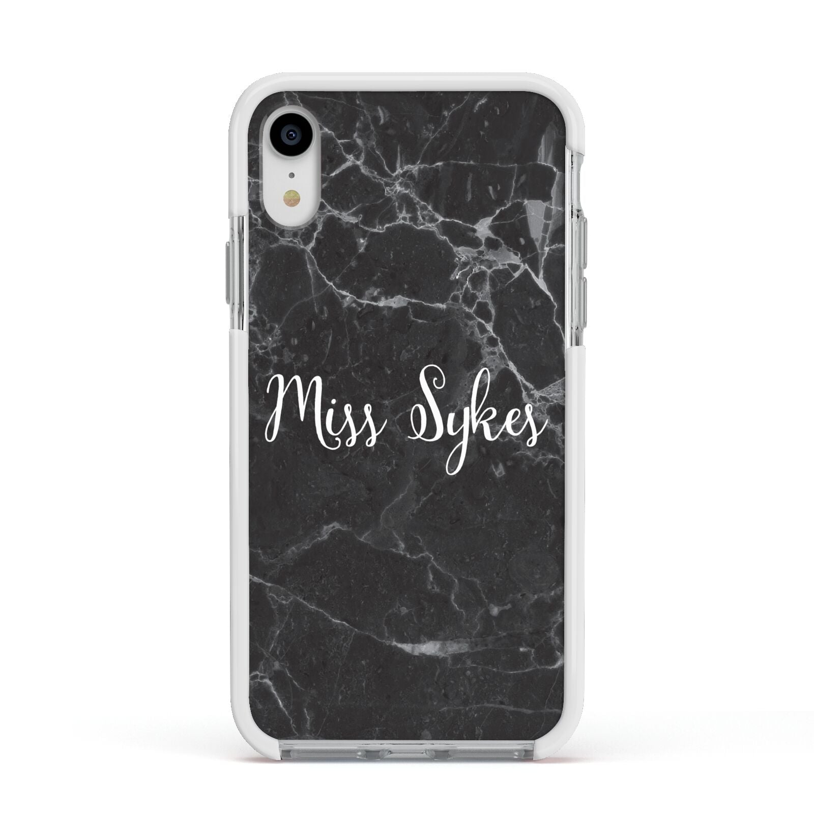 Personalised Surname Marble Apple iPhone XR Impact Case White Edge on Silver Phone
