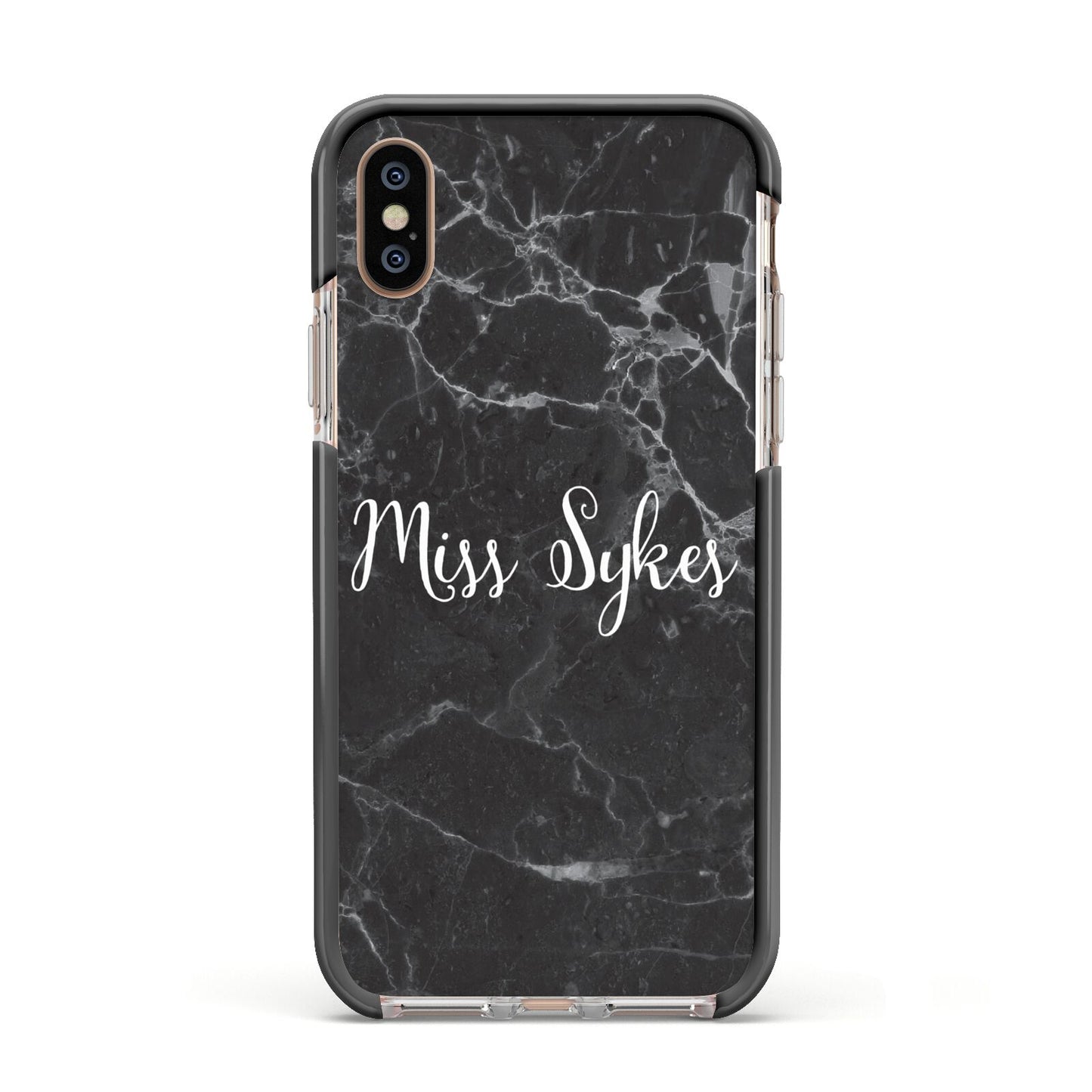 Personalised Surname Marble Apple iPhone Xs Impact Case Black Edge on Gold Phone
