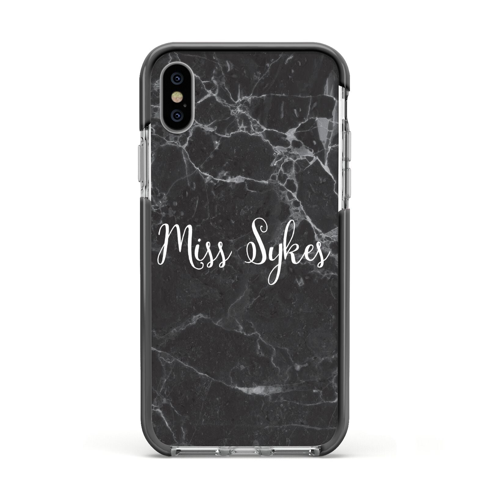 Personalised Surname Marble Apple iPhone Xs Impact Case Black Edge on Silver Phone