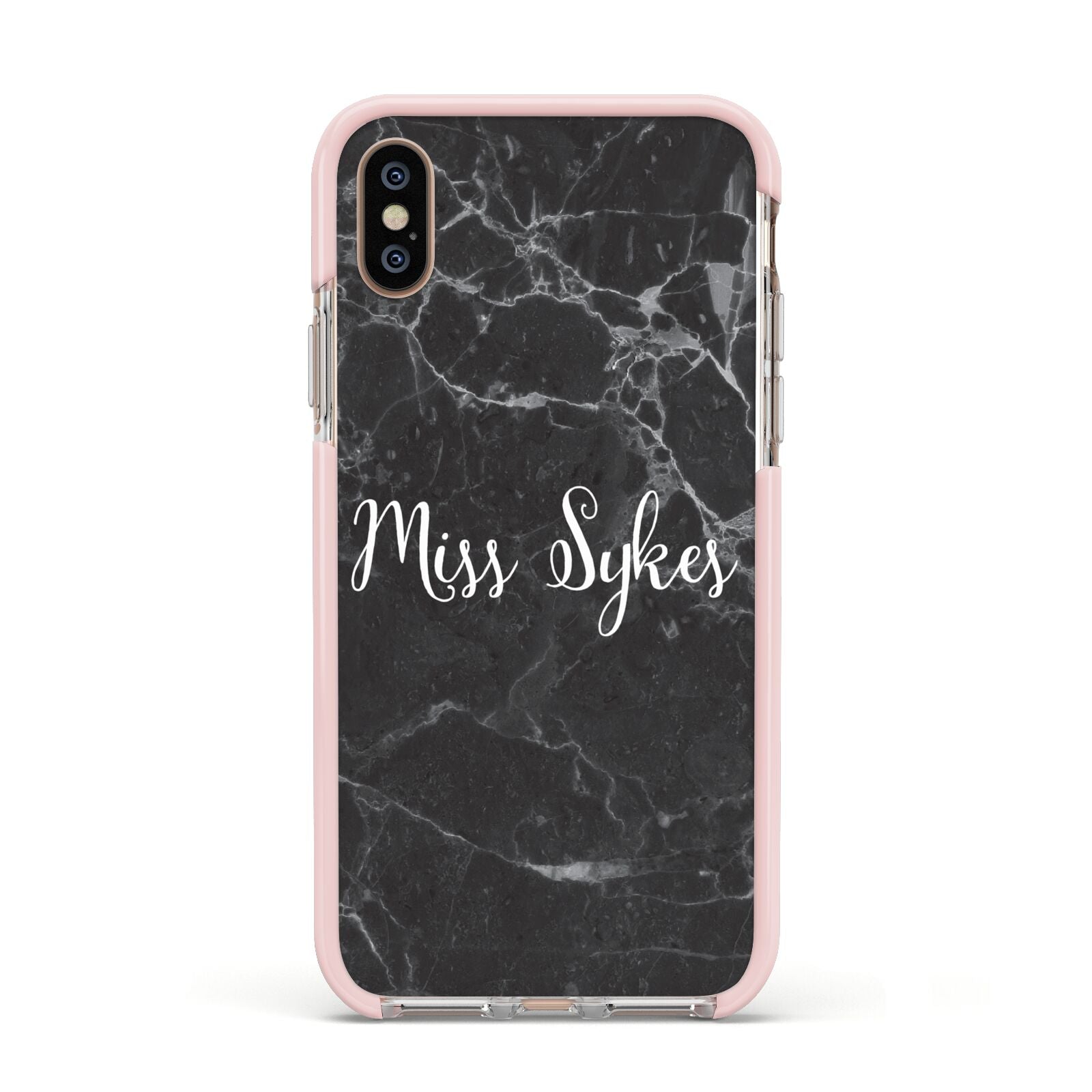 Personalised Surname Marble Apple iPhone Xs Impact Case Pink Edge on Gold Phone