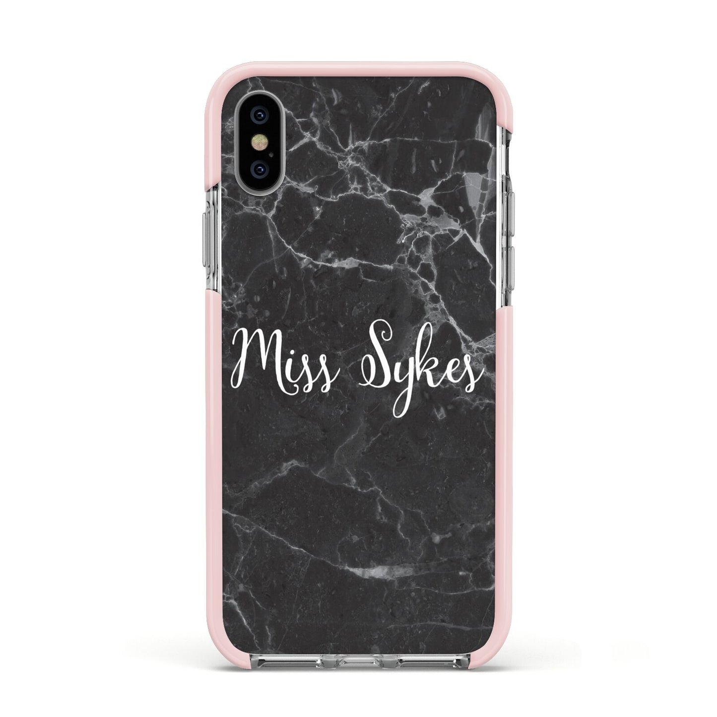 Personalised Surname Marble Apple iPhone Xs Impact Case Pink Edge on Silver Phone