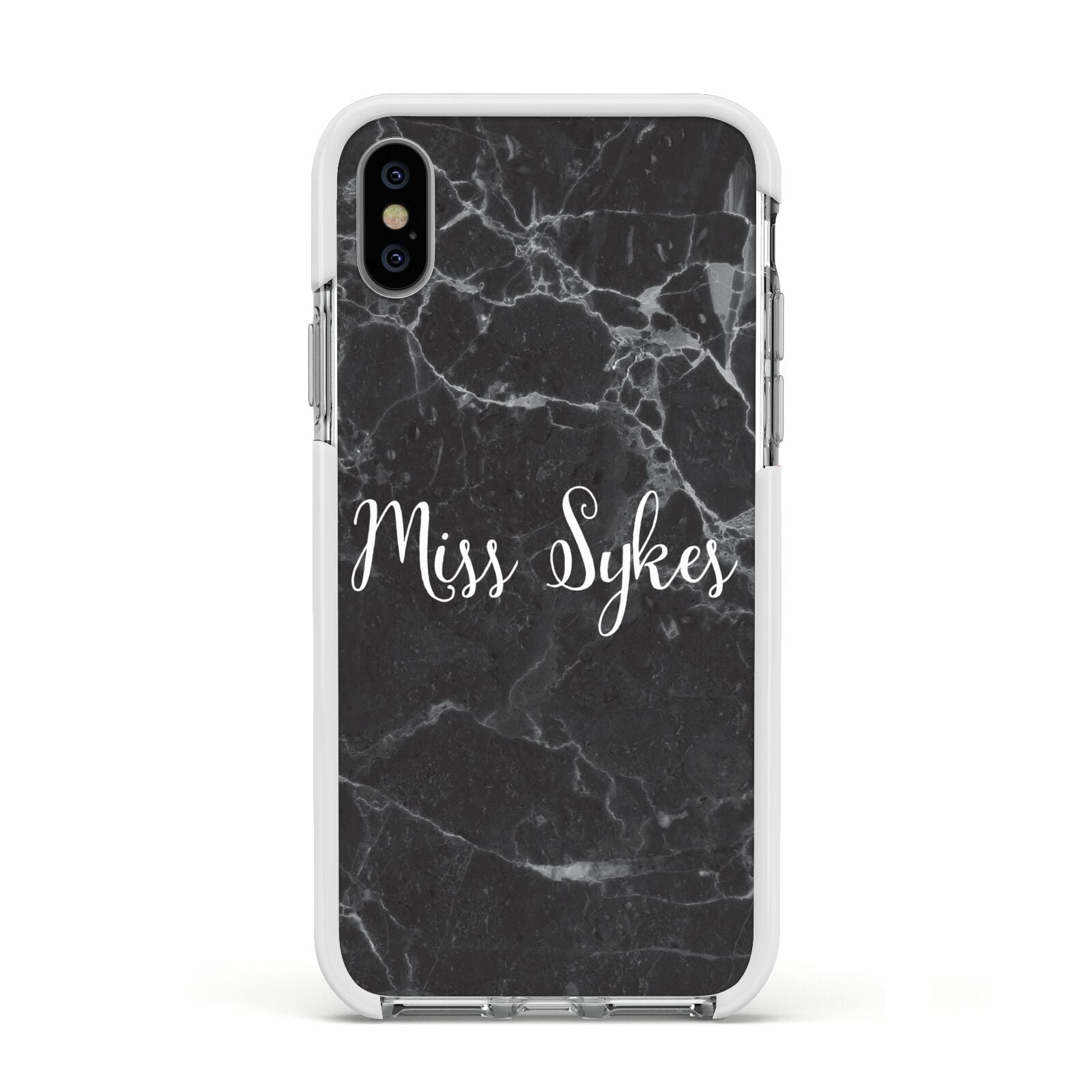 Personalised Surname Marble Apple iPhone Xs Impact Case White Edge on Silver Phone