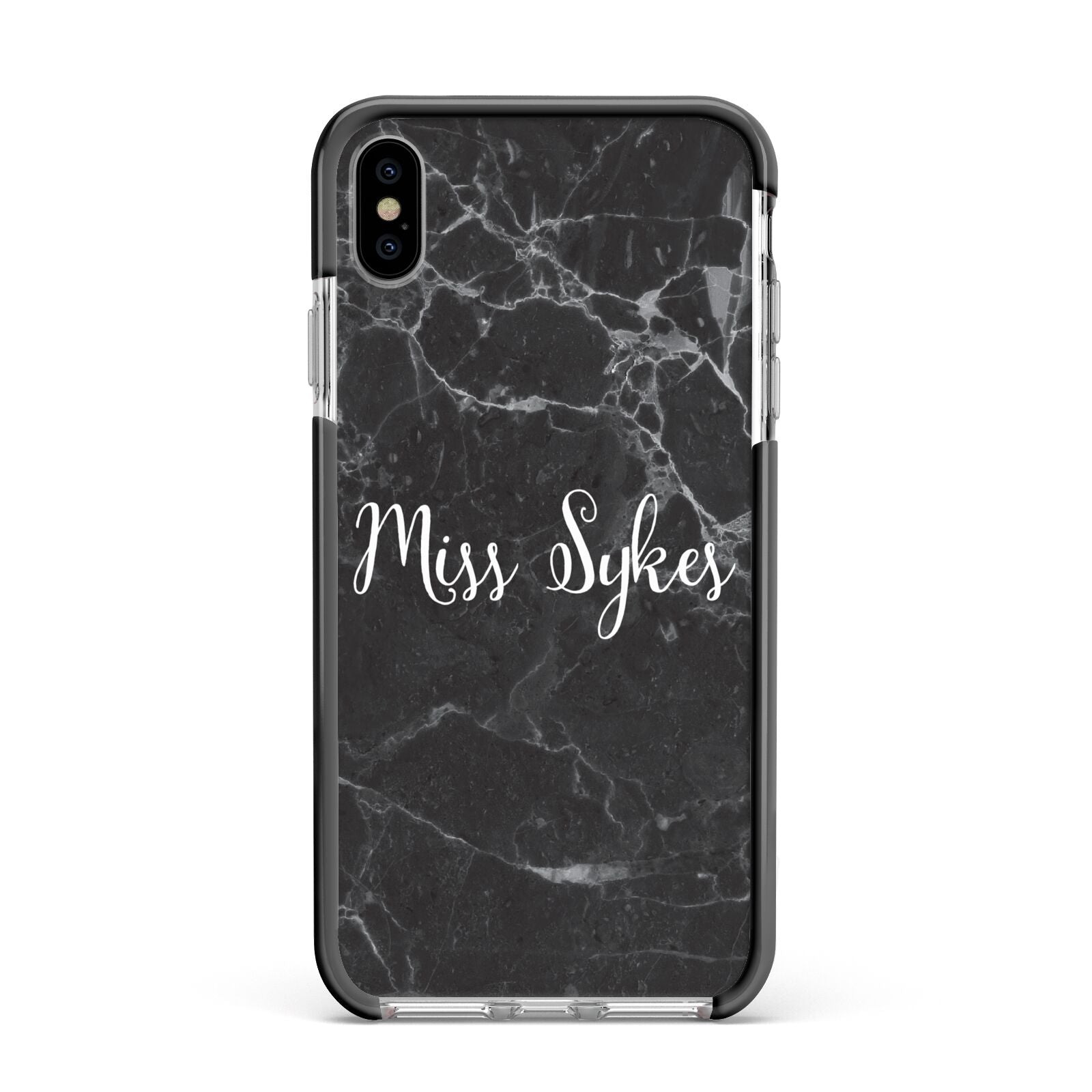 Personalised Surname Marble Apple iPhone Xs Max Impact Case Black Edge on Silver Phone