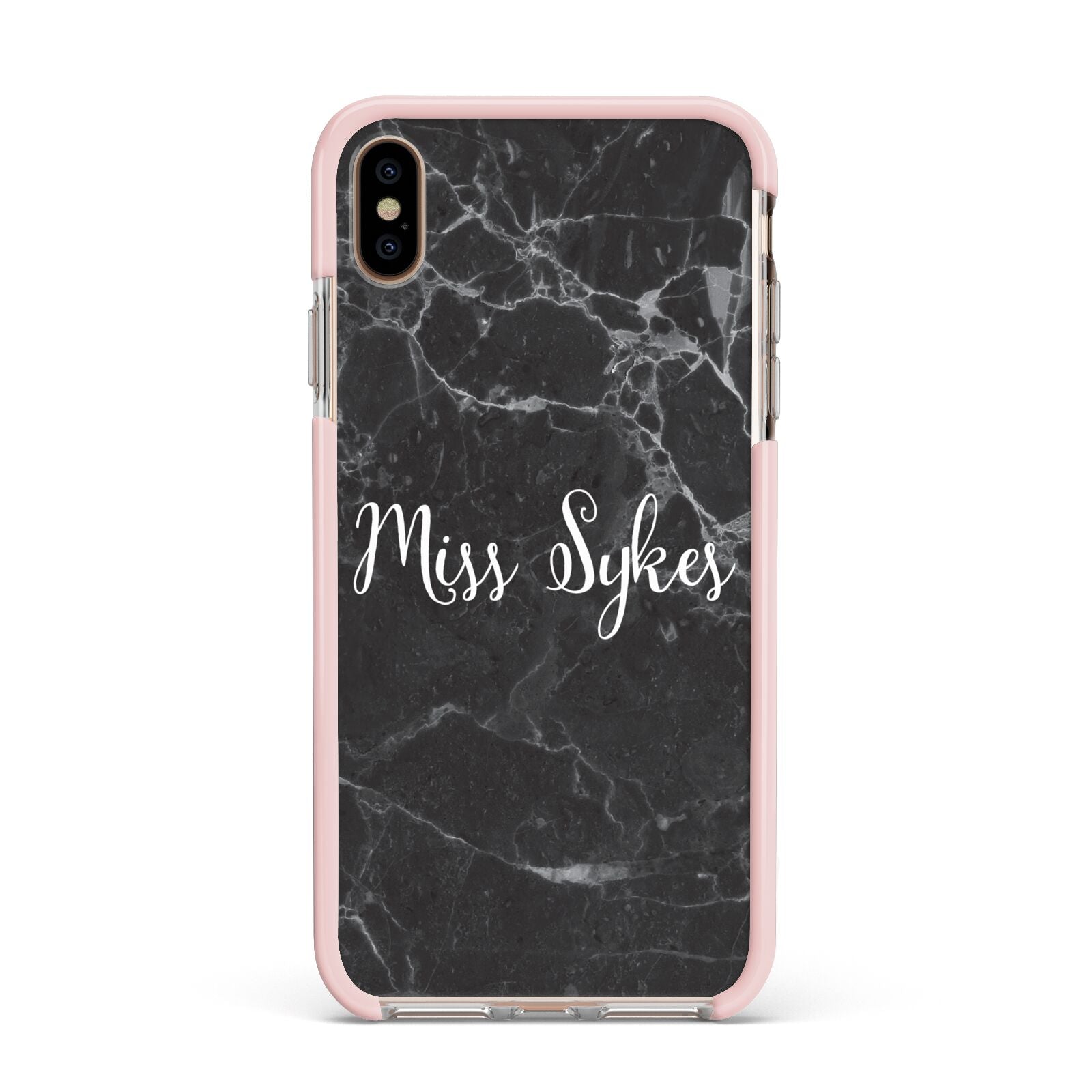 Personalised Surname Marble Apple iPhone Xs Max Impact Case Pink Edge on Gold Phone