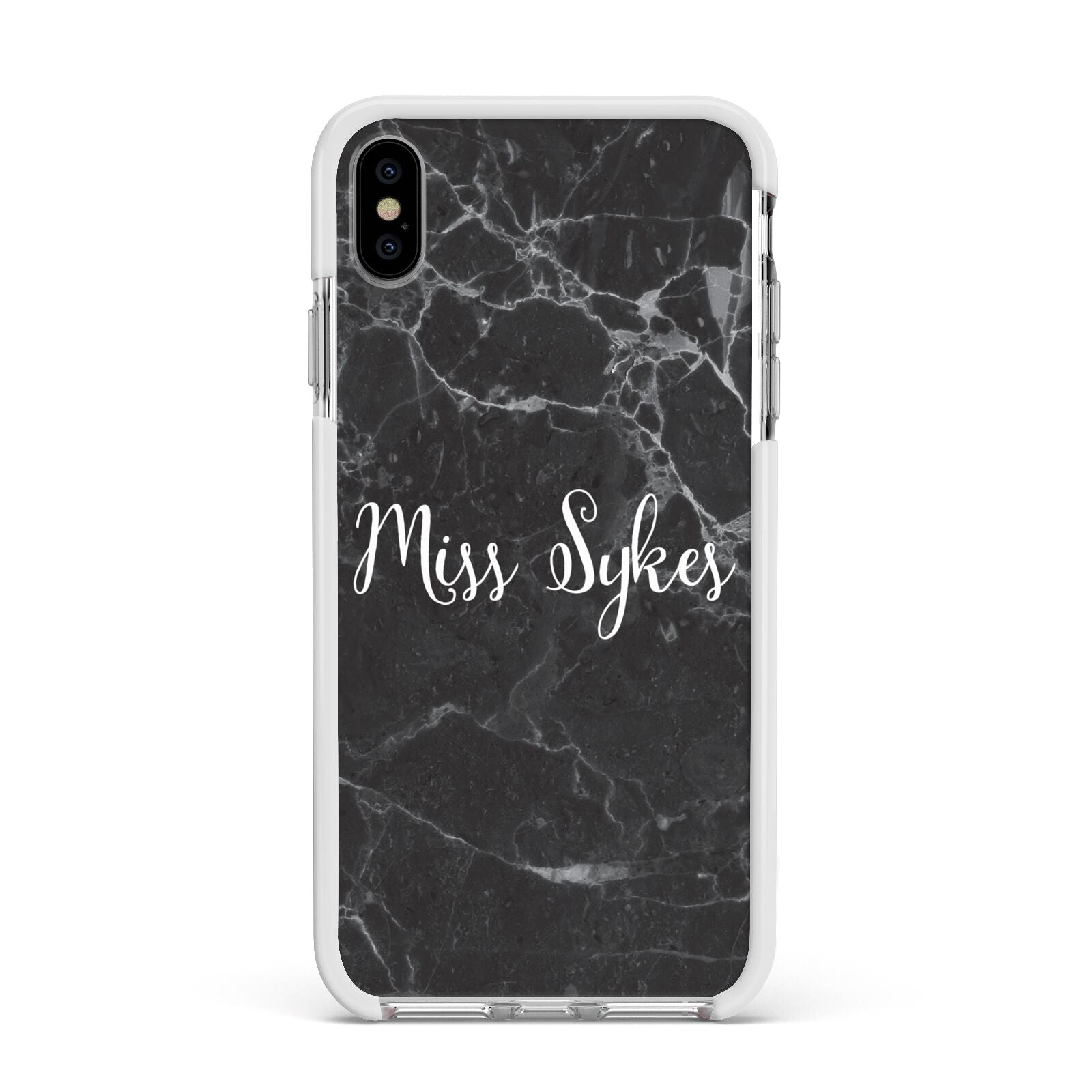 Personalised Surname Marble Apple iPhone Xs Max Impact Case White Edge on Silver Phone