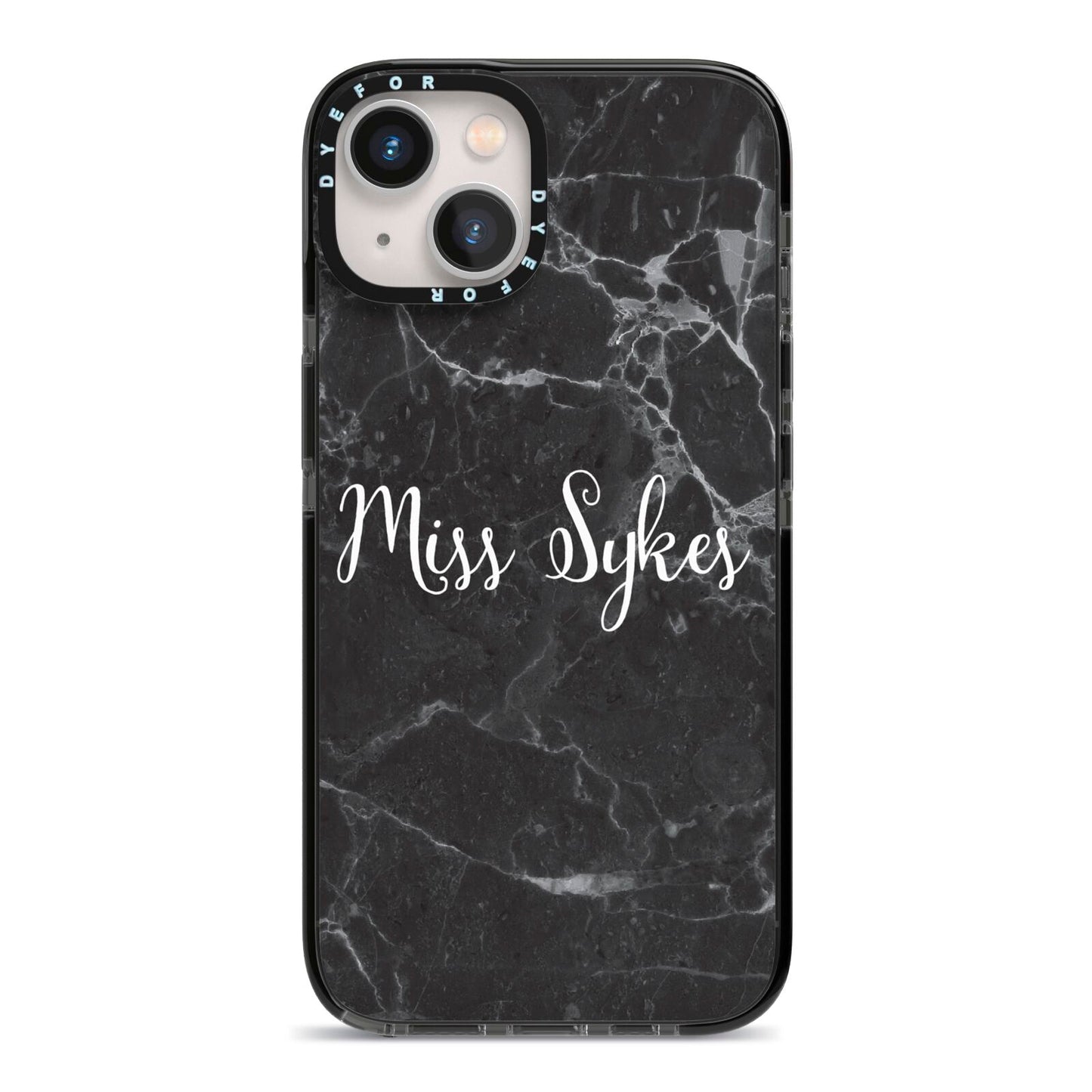Personalised Surname Marble iPhone 13 Black Impact Case on Silver phone