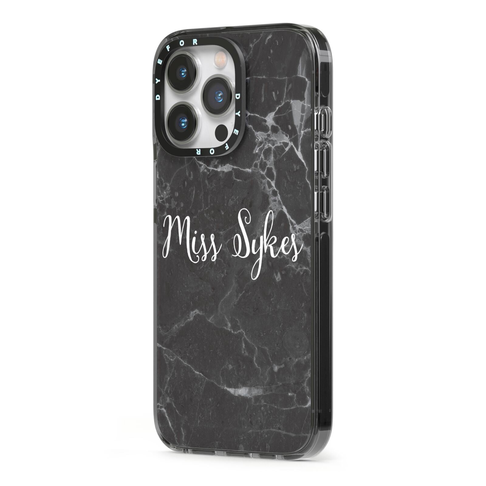 Personalised Surname Marble iPhone 13 Pro Black Impact Case Side Angle on Silver phone