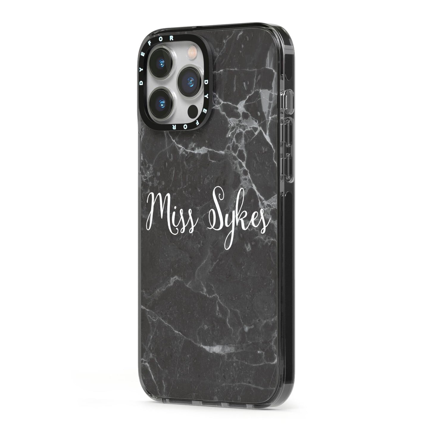 Personalised Surname Marble iPhone 13 Pro Max Black Impact Case Side Angle on Silver phone