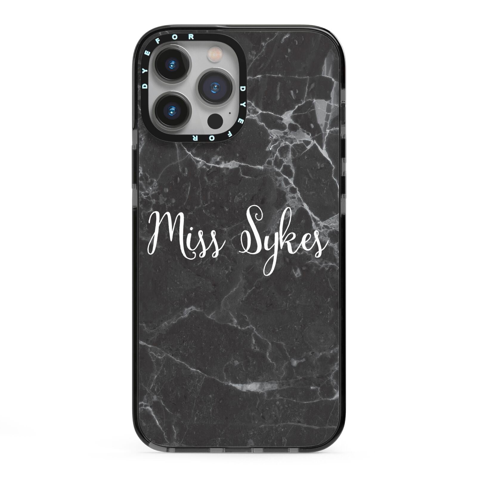 Personalised Surname Marble iPhone 13 Pro Max Black Impact Case on Silver phone