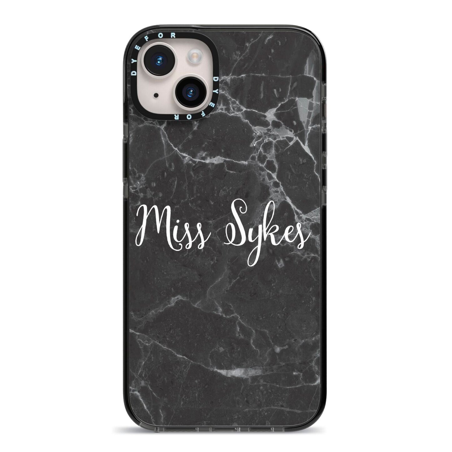 Personalised Surname Marble iPhone 14 Plus Black Impact Case on Silver phone