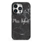 Personalised Surname Marble iPhone 14 Pro Black Impact Case on Silver phone
