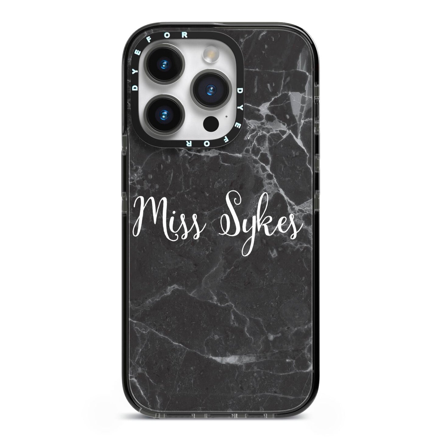 Personalised Surname Marble iPhone 14 Pro Black Impact Case on Silver phone