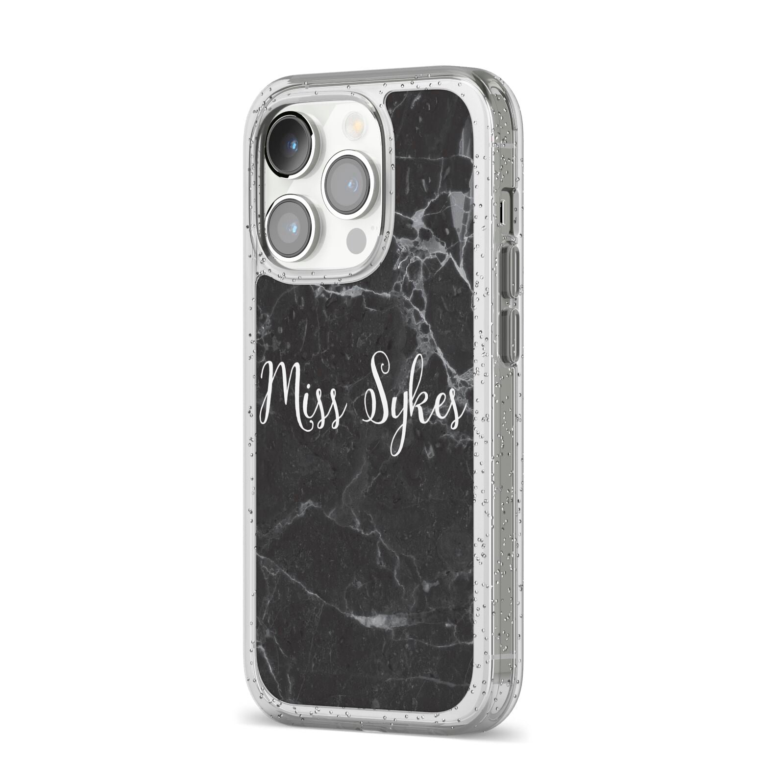 Personalised Surname Marble iPhone 14 Pro Glitter Tough Case Silver Angled Image