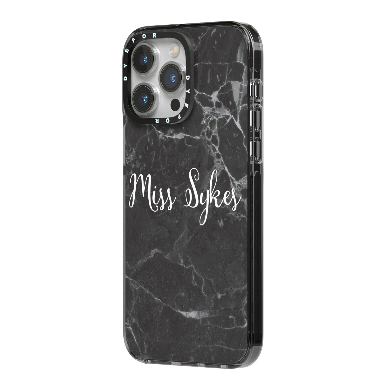 Personalised Surname Marble iPhone 14 Pro Max Black Impact Case Side Angle on Silver phone