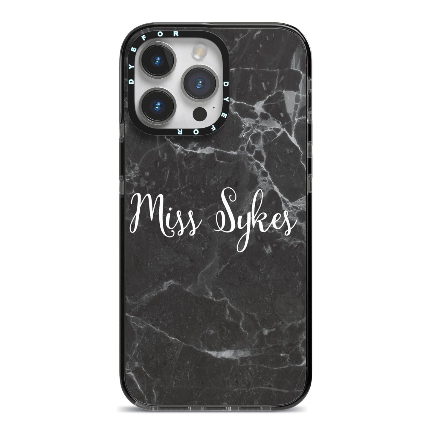 Personalised Surname Marble iPhone 14 Pro Max Black Impact Case on Silver phone