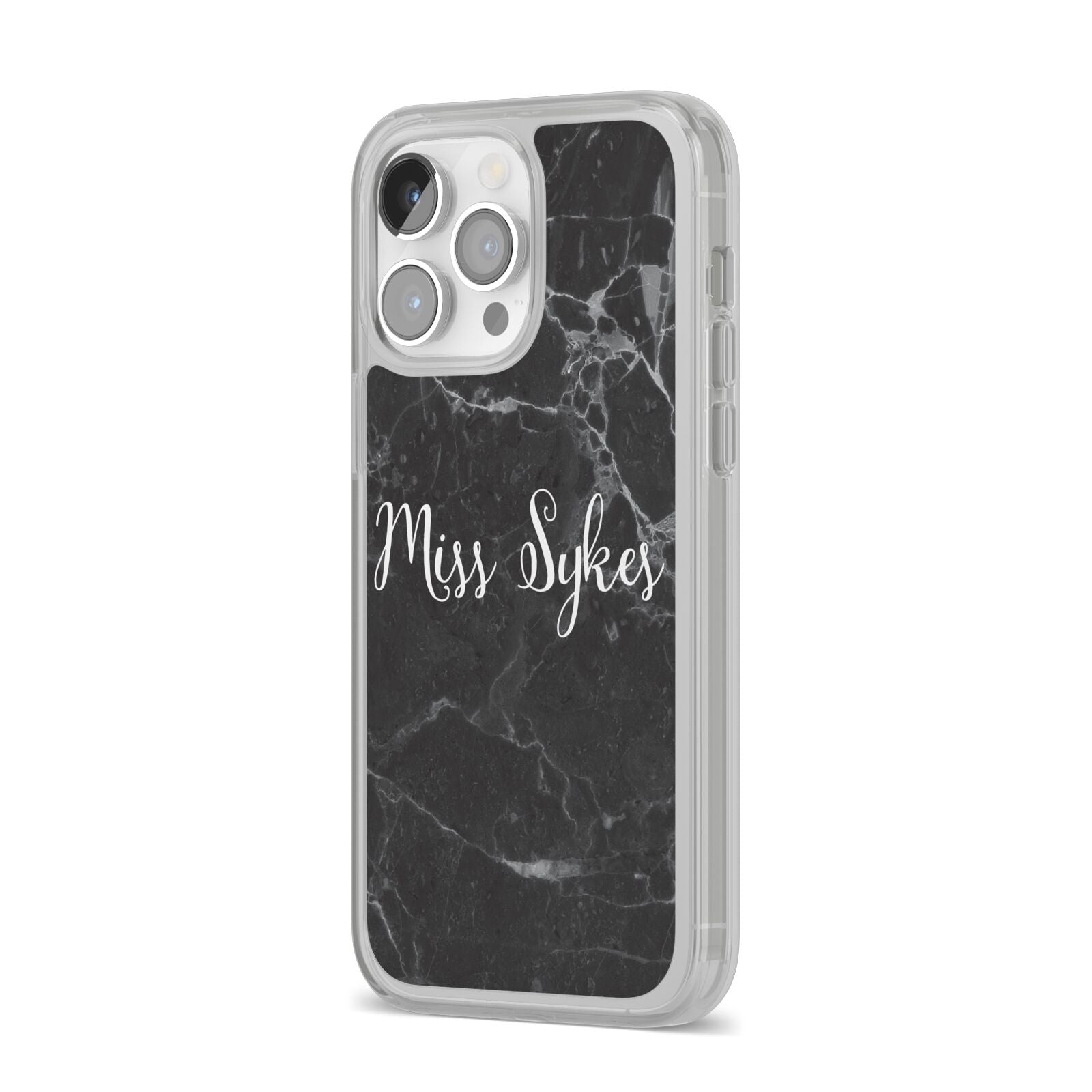 Personalised Surname Marble iPhone 14 Pro Max Clear Tough Case Silver Angled Image