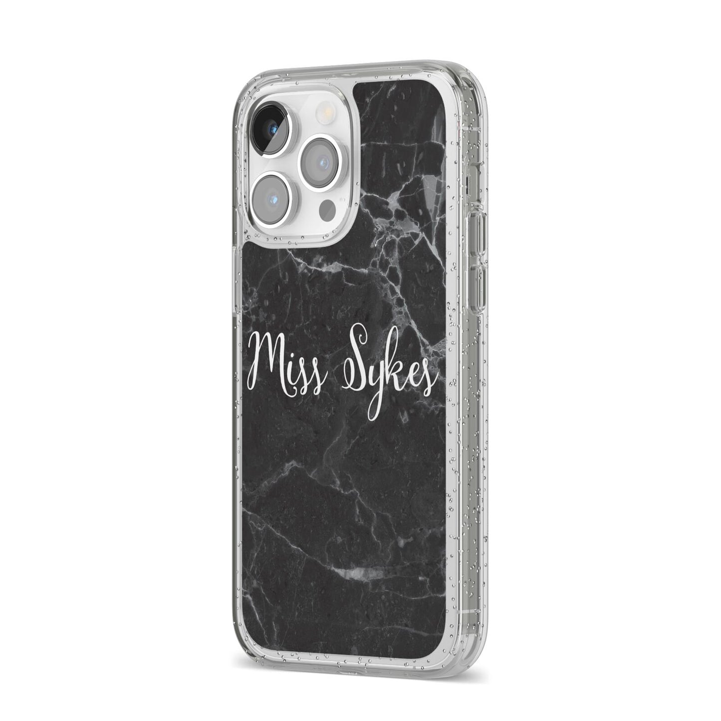 Personalised Surname Marble iPhone 14 Pro Max Glitter Tough Case Silver Angled Image