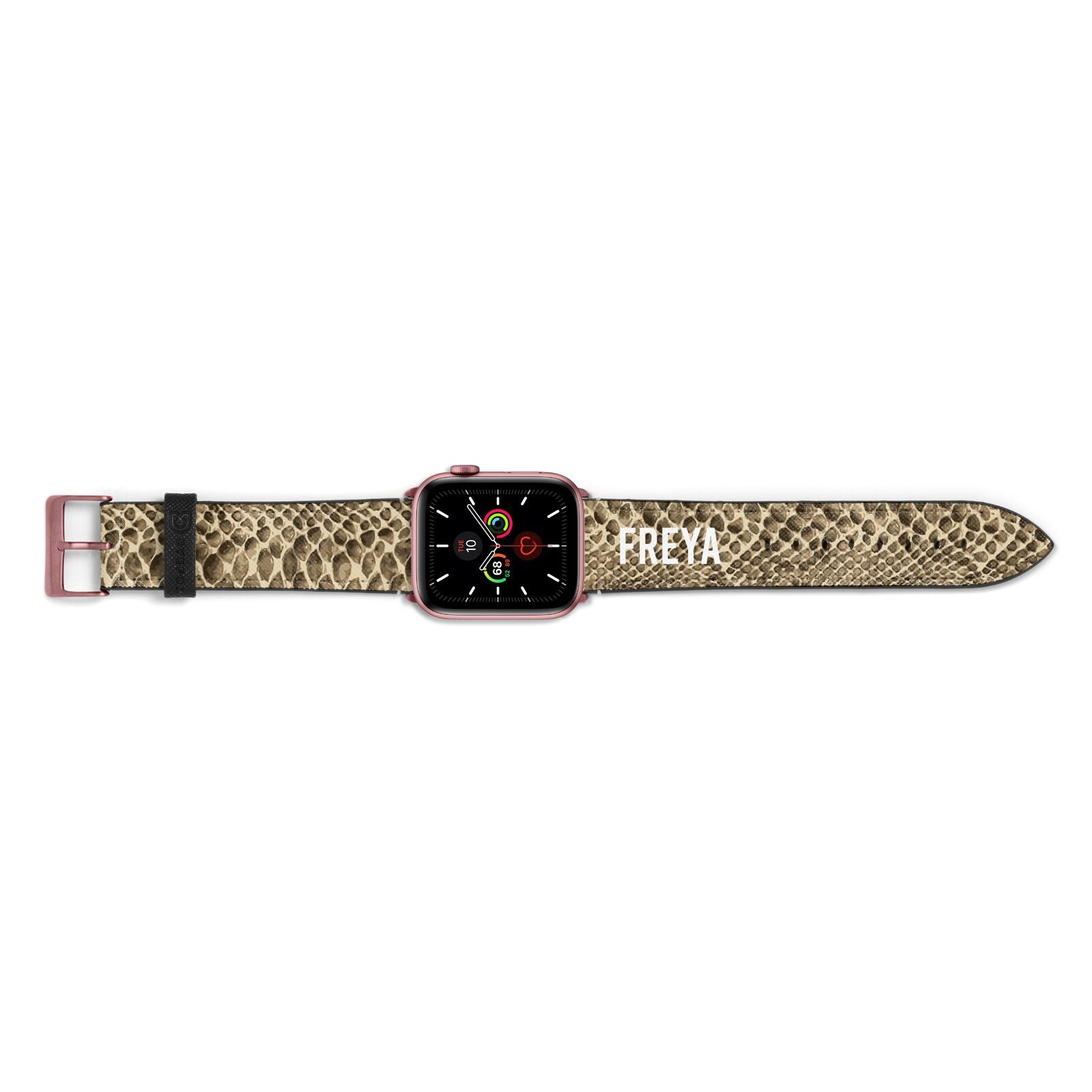 Personalised Tan Snakeskin Apple Watch Strap Landscape Image Rose Gold Hardware